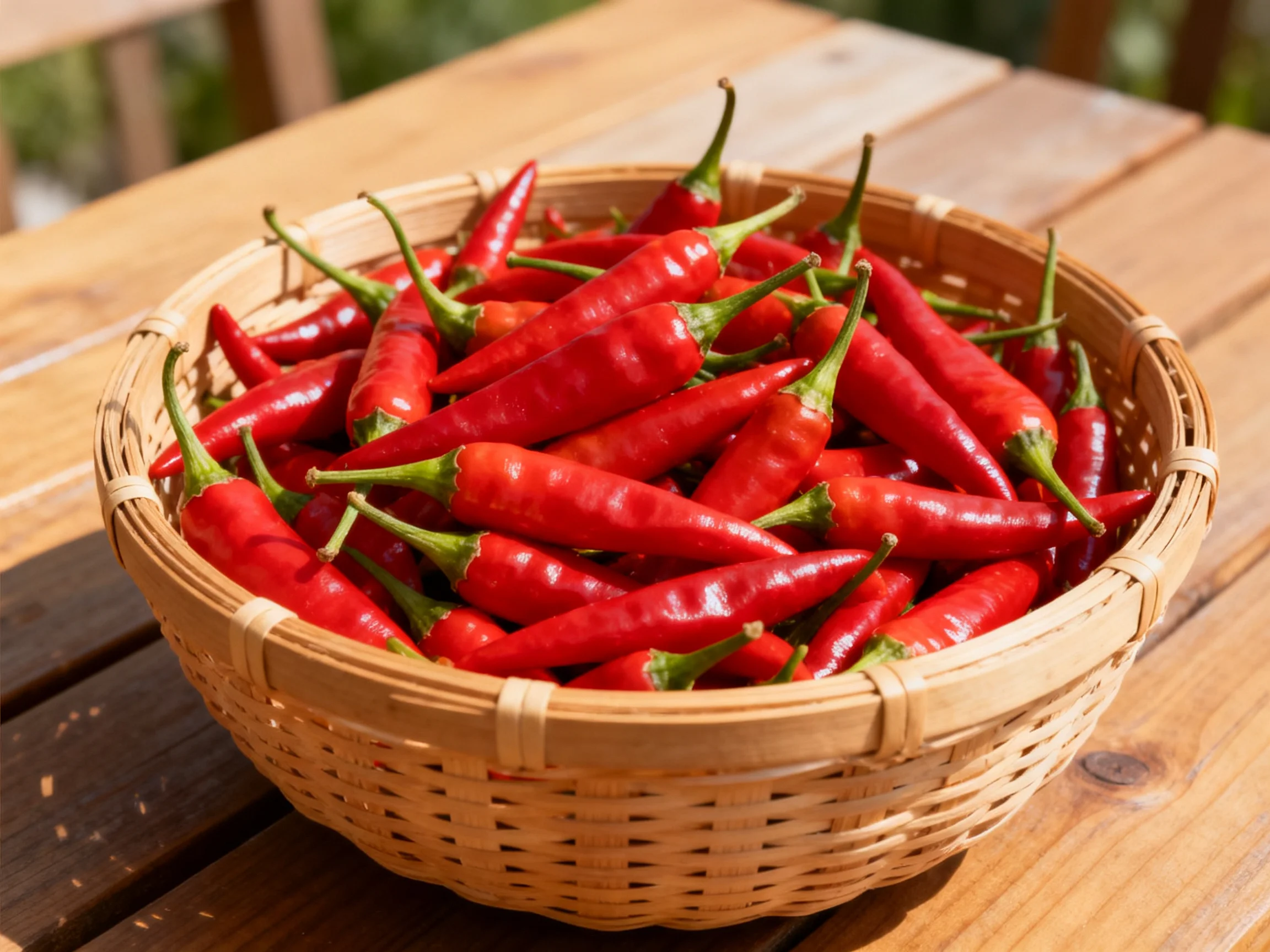 A basket brimming with bright red chili peppers sits on a wooden table