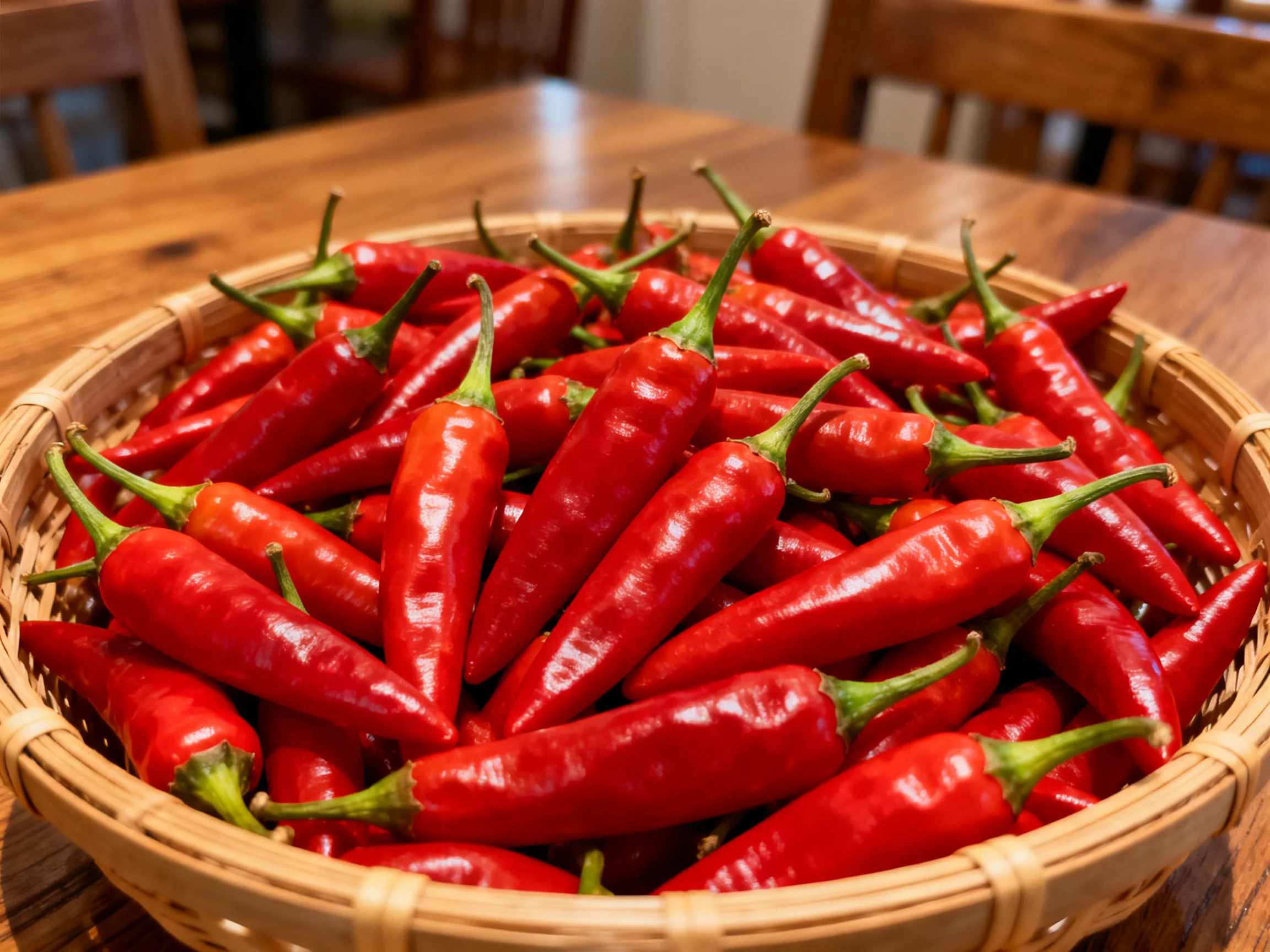 A basket brimming with glossy red chili peppers on a wooden table