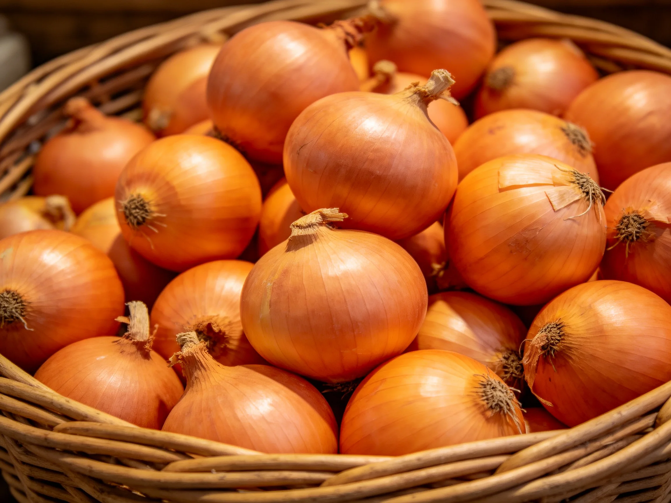 A basket brimming with golden-brown onions in natural light