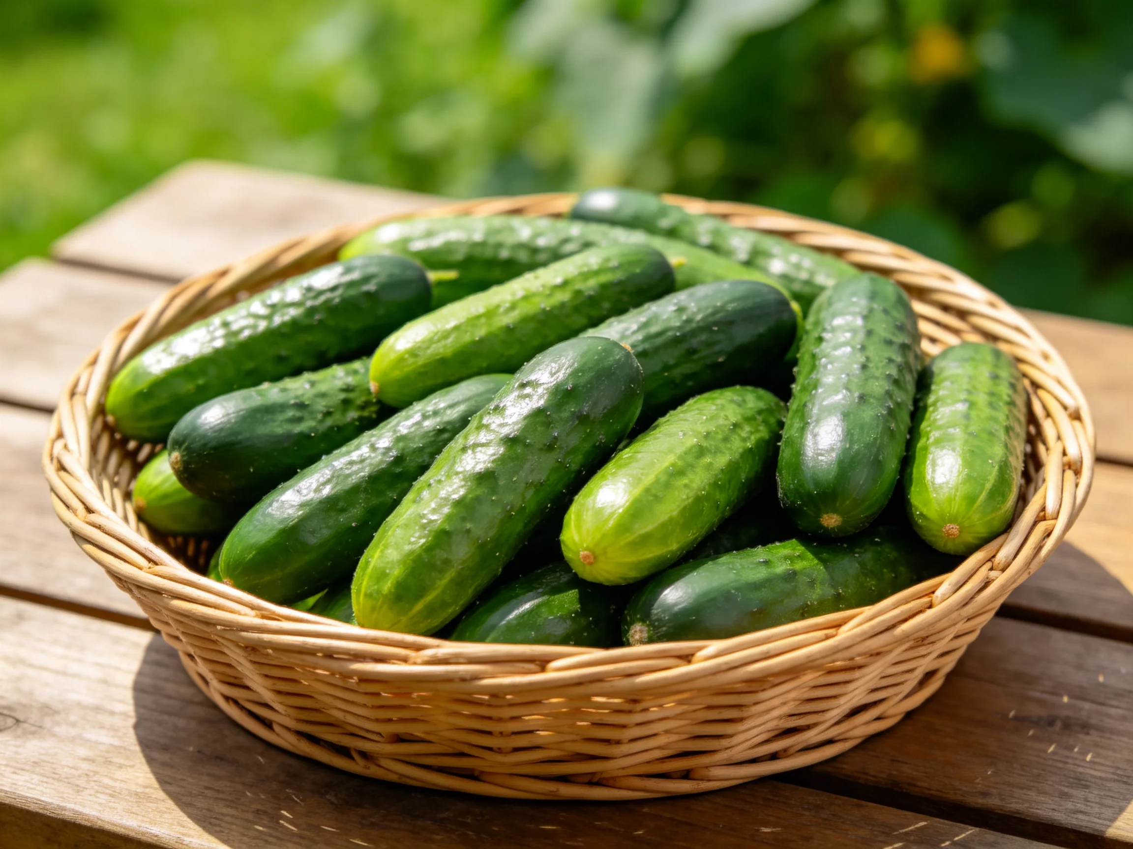 A basket brimming with vibrant green cucumbers on a wooden table