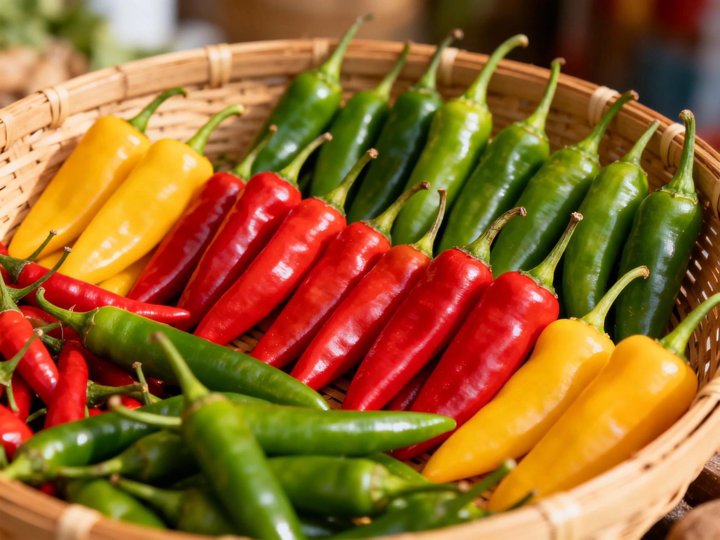 A basket brimming with vibrant yellow, red, and green chili peppers