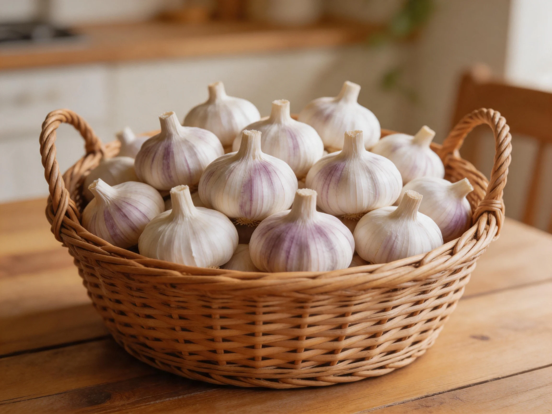 A basket brimming with white and purple garlic bulbs