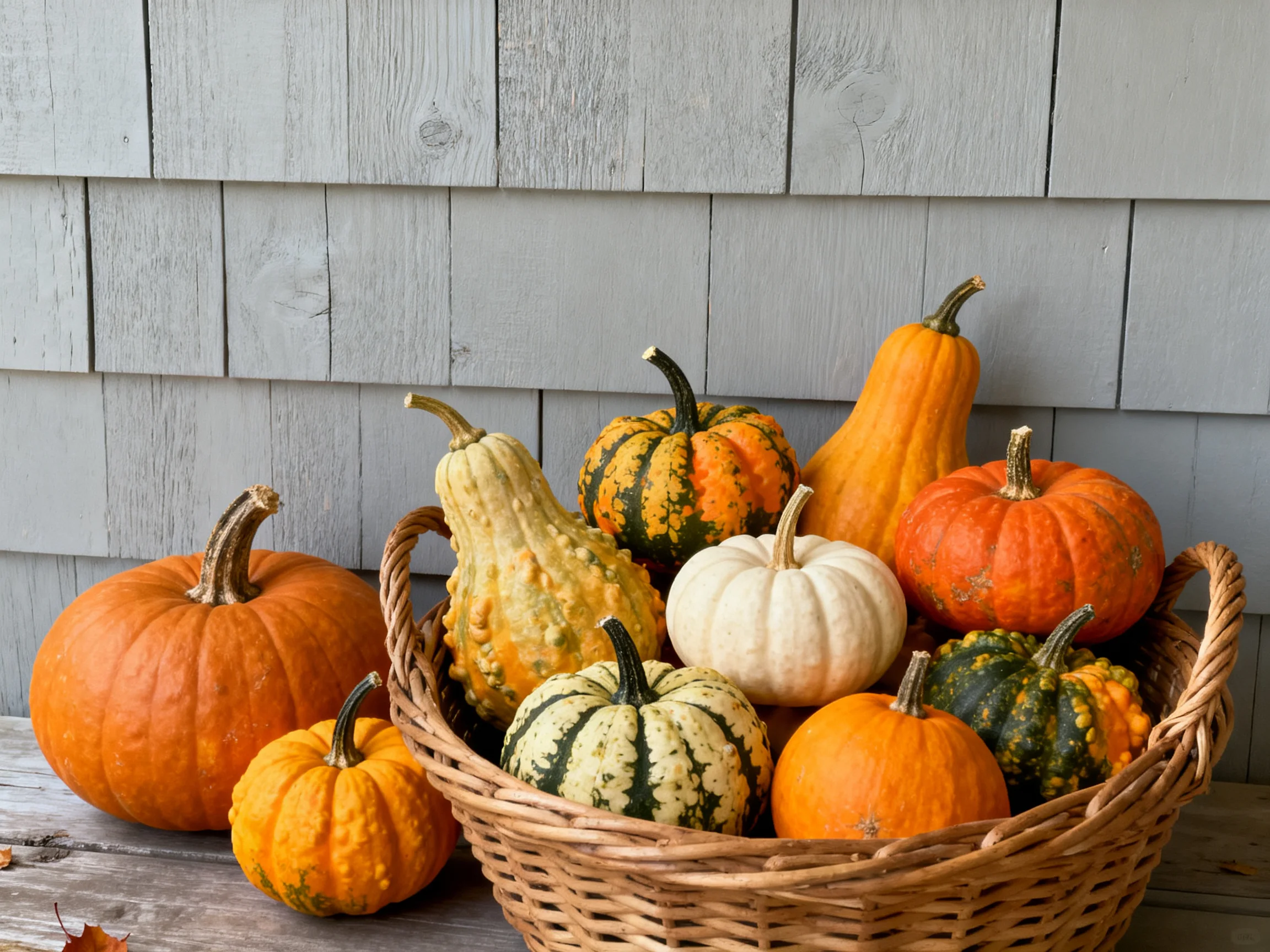 A basket filled with assorted colorful pumpkins and gourds near a gray wooden wall