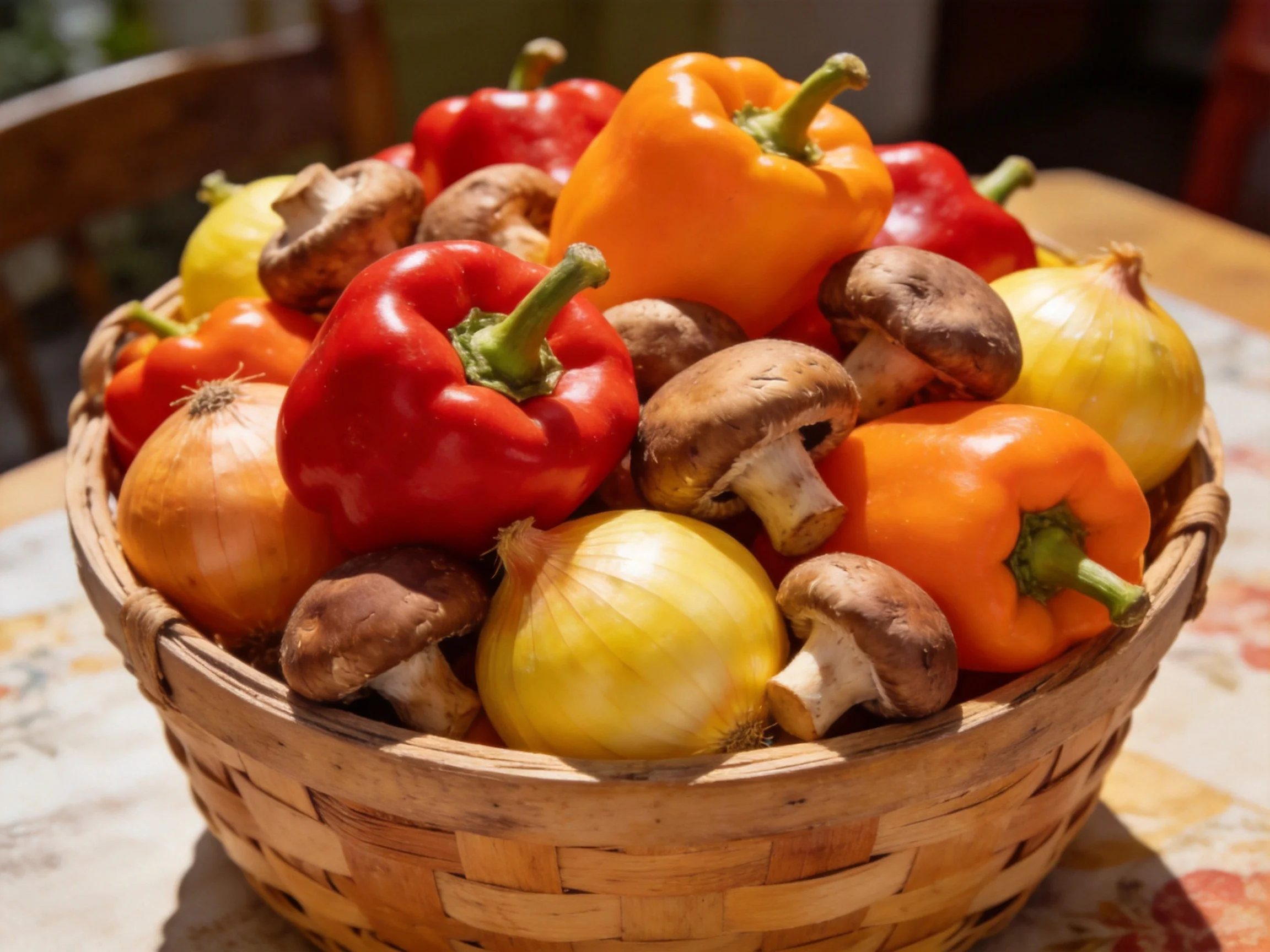 A basket filled with colorful bell peppers, mushrooms, and onions