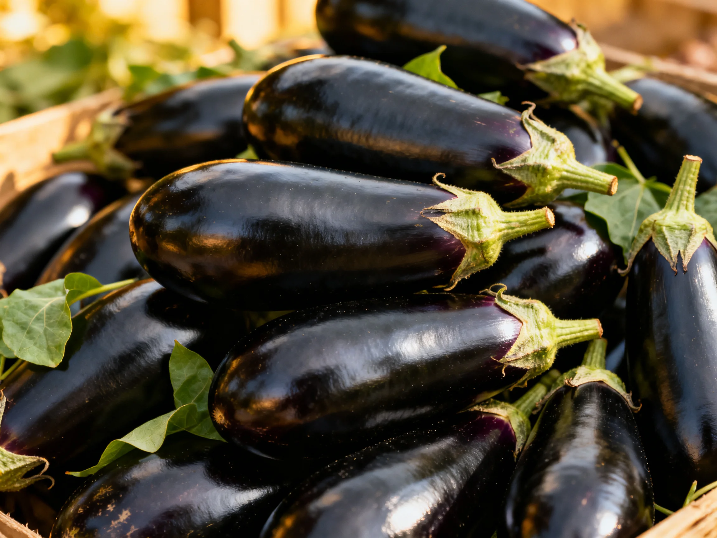 A basket filled with glossy, deep-purple eggplants surrounded by green leaves