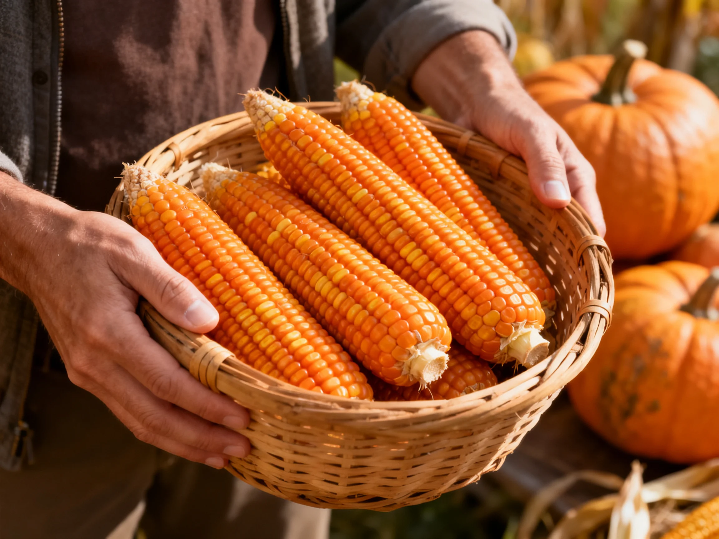 A basket holds four vibrant orange corn cobs beside two pumpkins