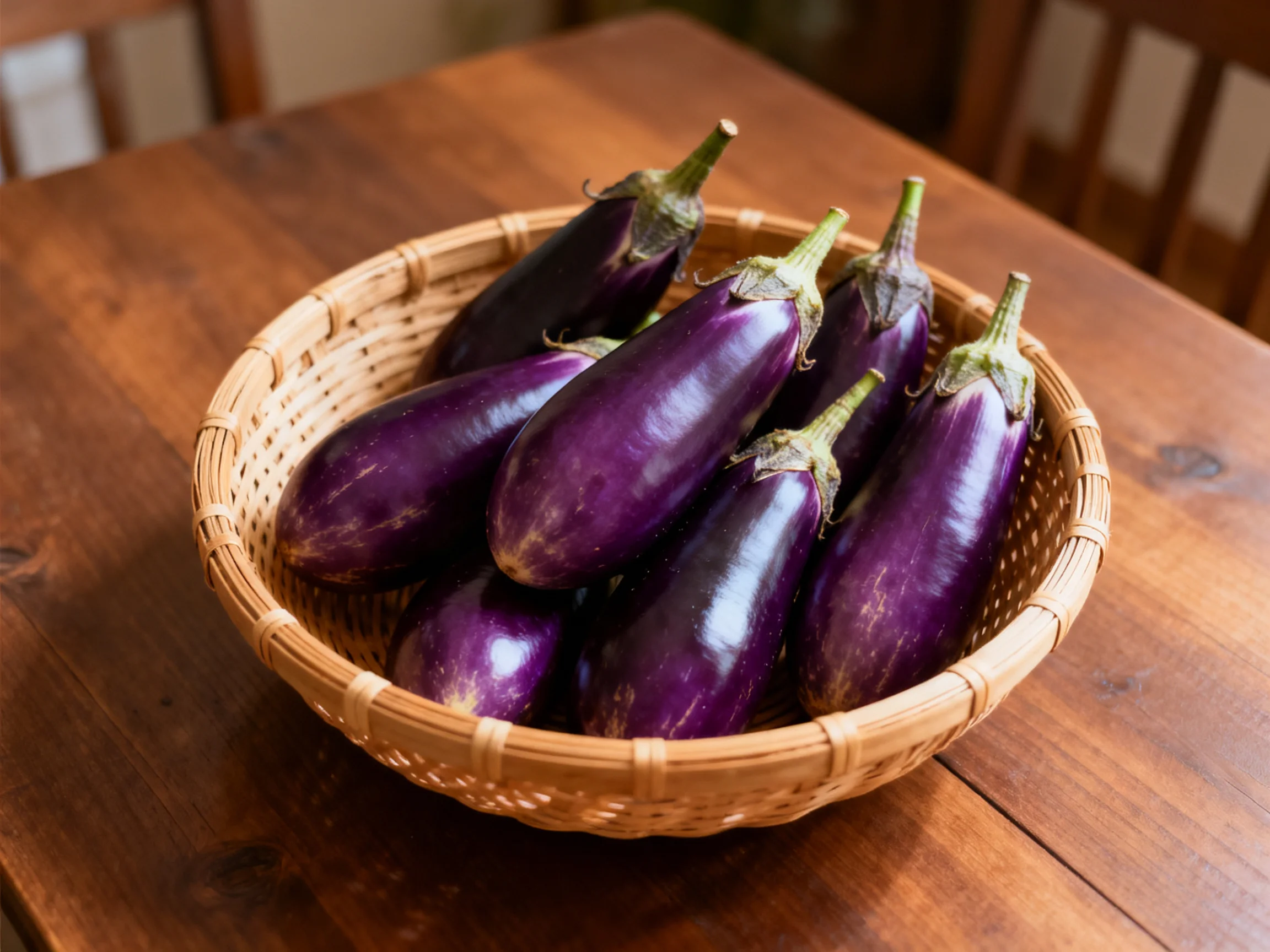 A basket holds several vibrant purple eggplants on a polished wooden table