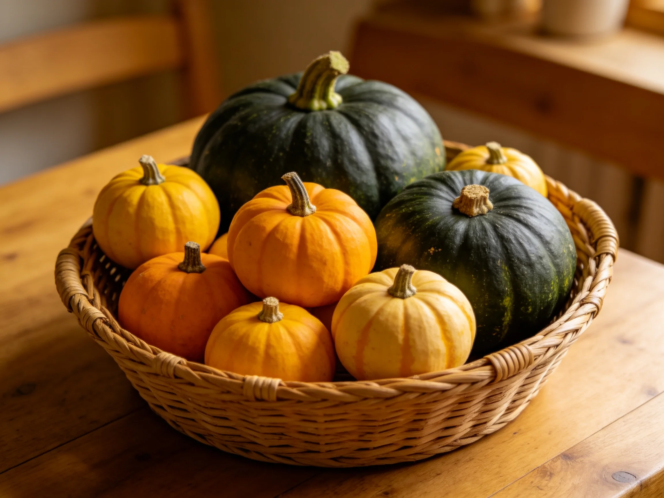 A basket holds small orange, green, and cream-colored pumpkins on a wooden table