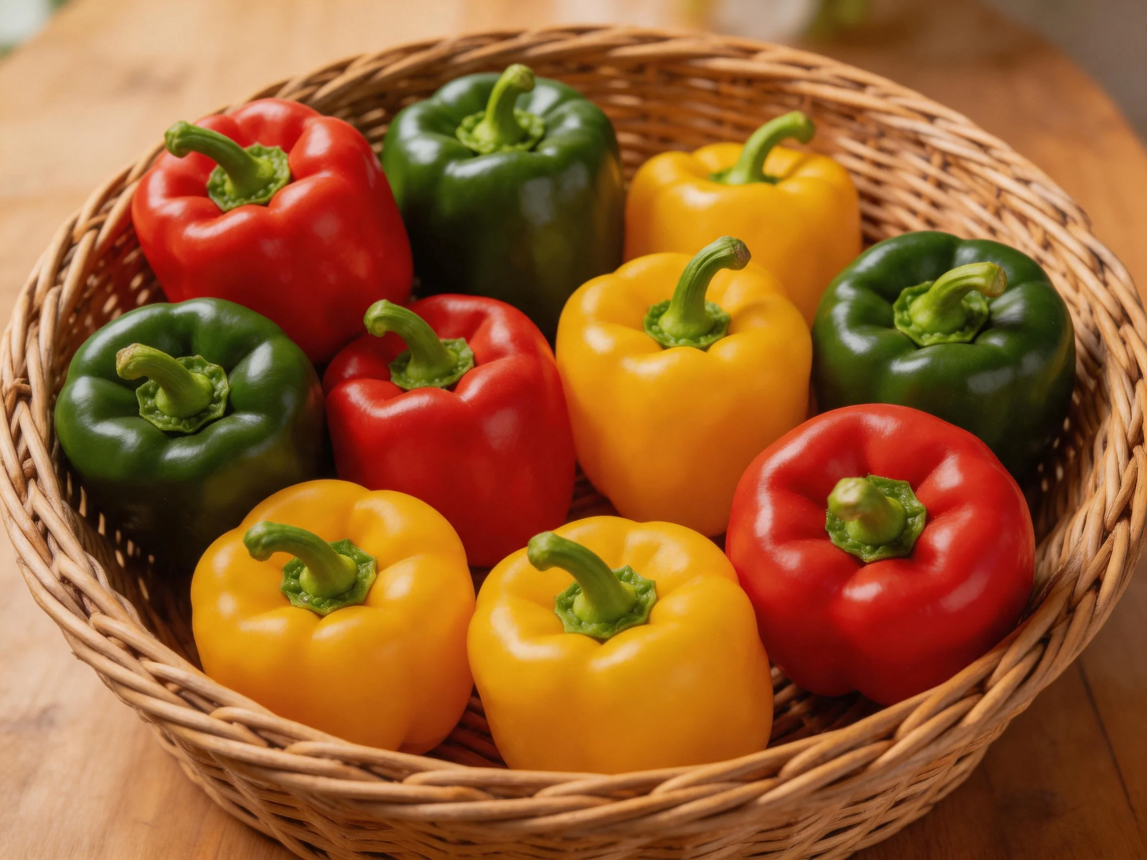 A basket holds vibrant red, green, and yellow bell peppers on wood