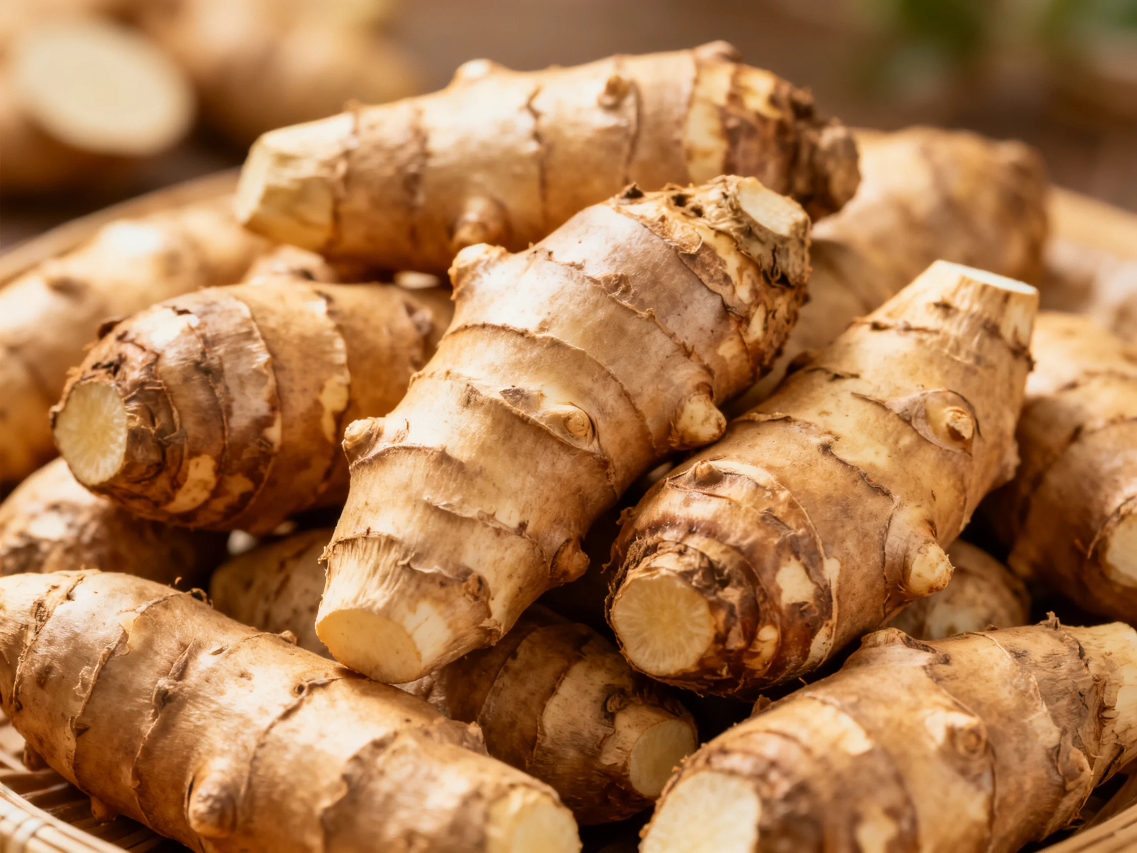 A basket overflowing with earth-toned tubers, exhibiting varied textures and shapes.