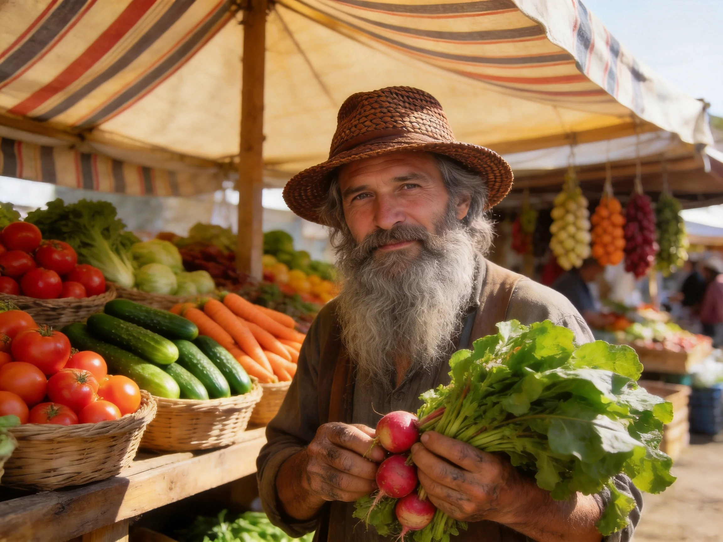 A bearded man holds radishes near baskets of colorful vegetables under a striped tent