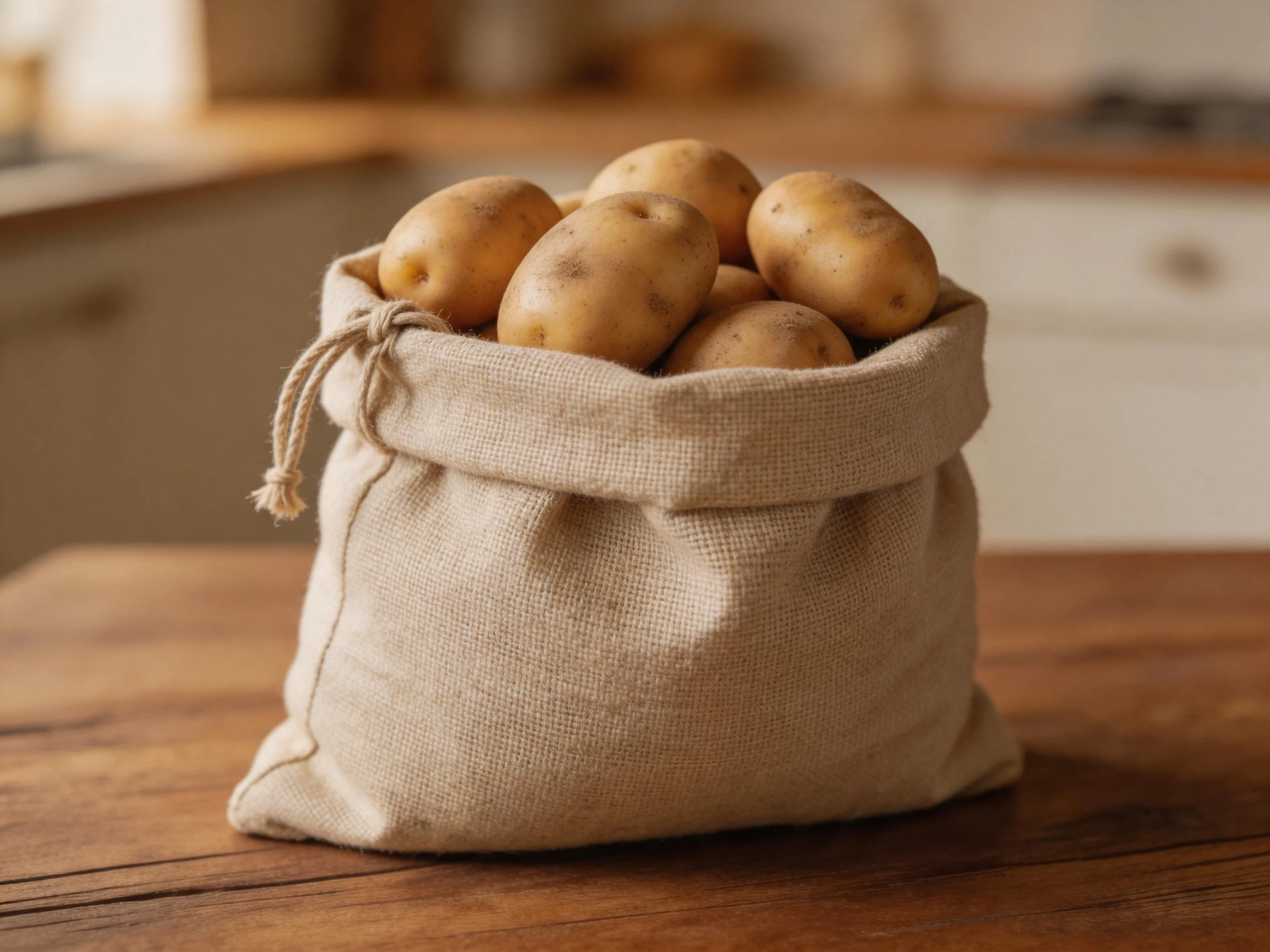 A beige burlap sack holds golden potatoes on a wooden table