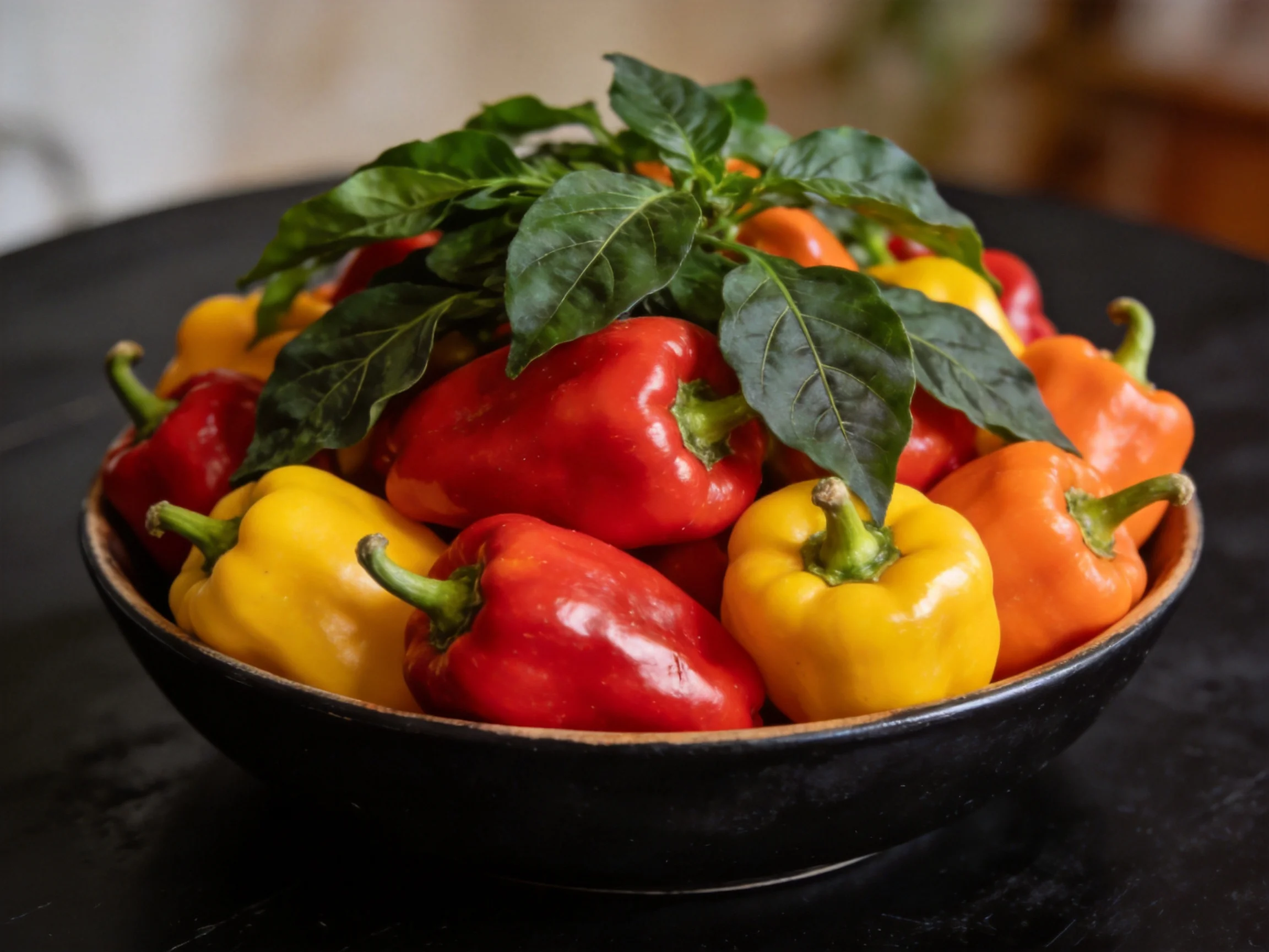 A black bowl filled with colorful bell peppers and fresh green basil