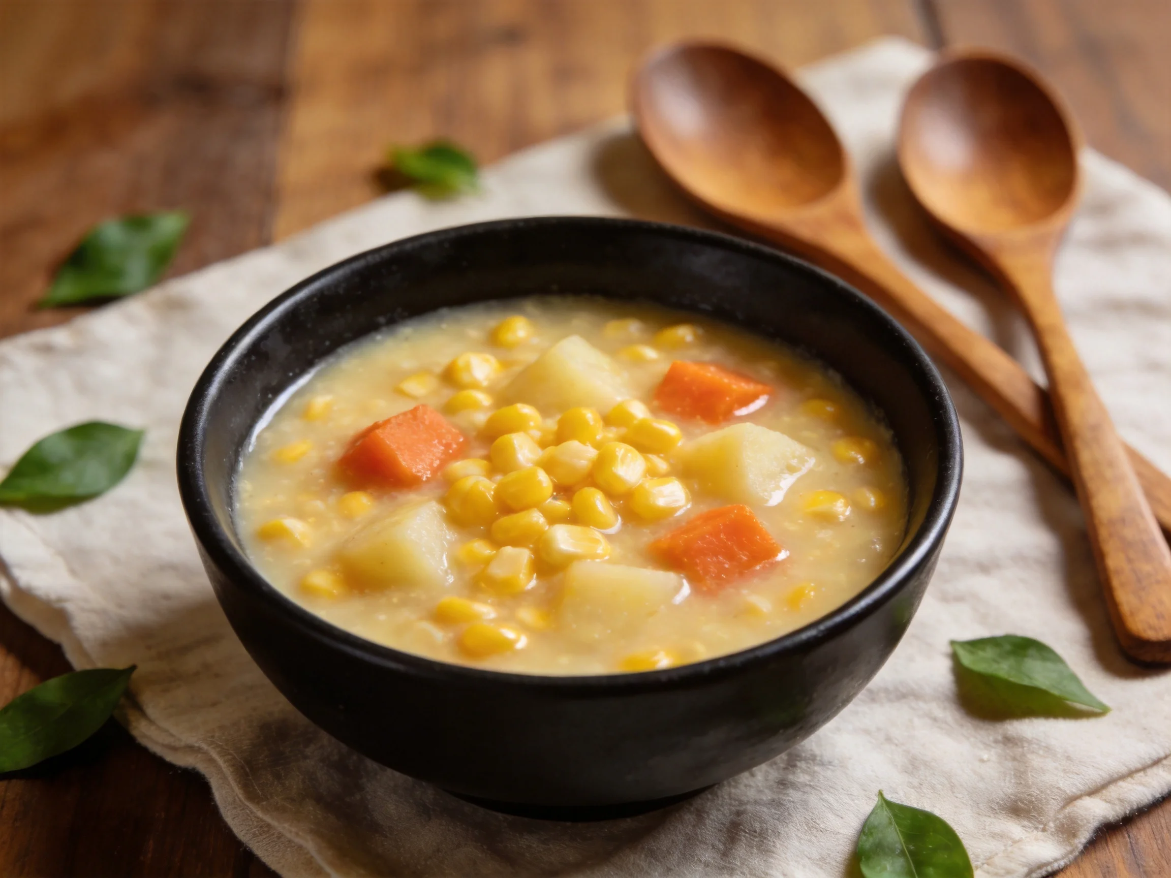 A black bowl filled with corn, potato, and carrot chowder beside wooden utensils