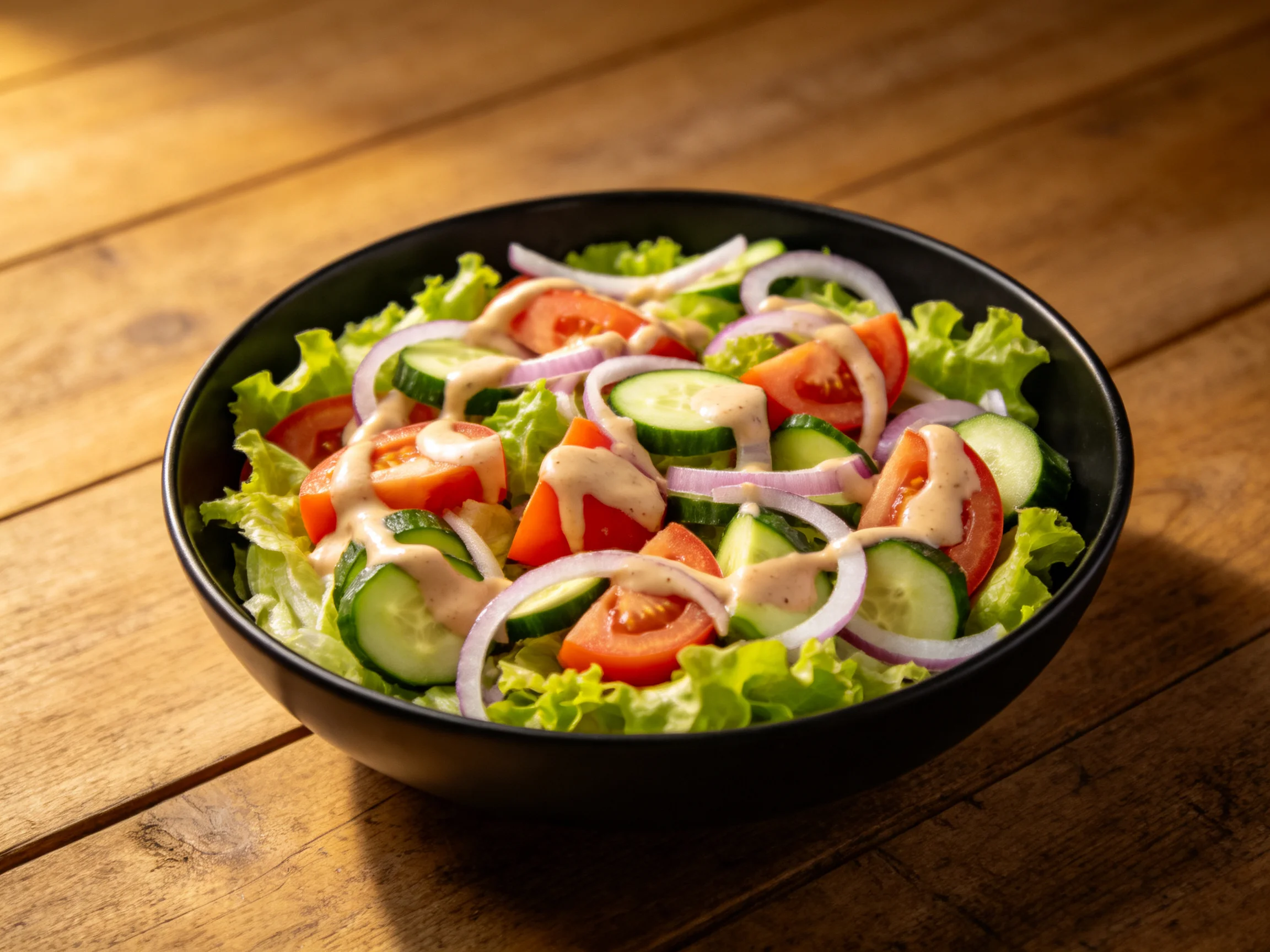 A black bowl holds a fresh vegetable salad with tomatoes, cucumbers, red onions, and creamy dressing