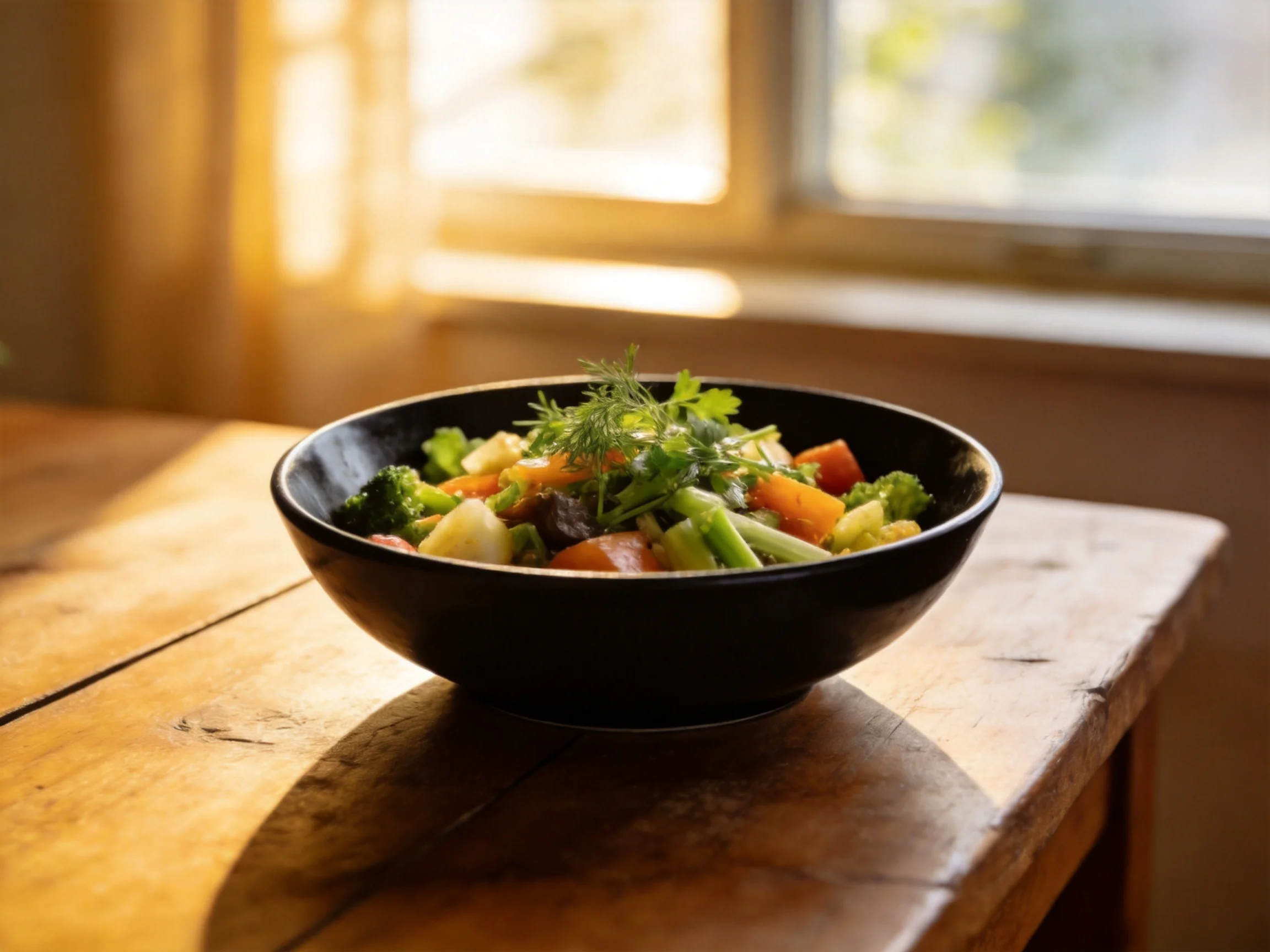 A black bowl of mixed vegetables sits on a wooden table by a sunlit window.