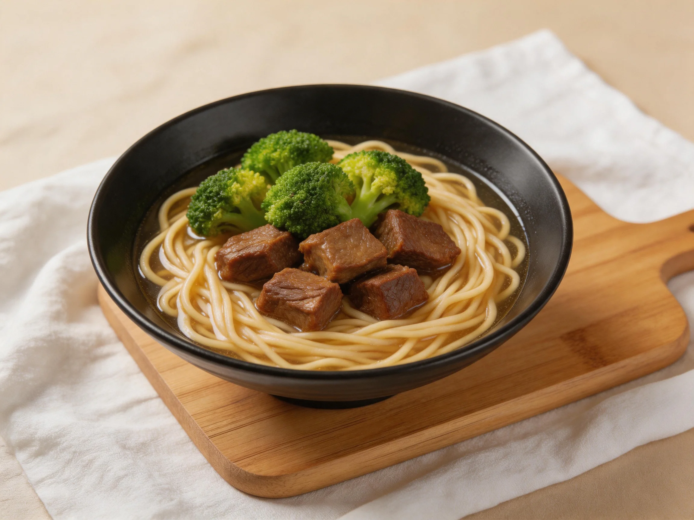 A black bowl of noodles, beef cubes, and broccoli on a wooden board