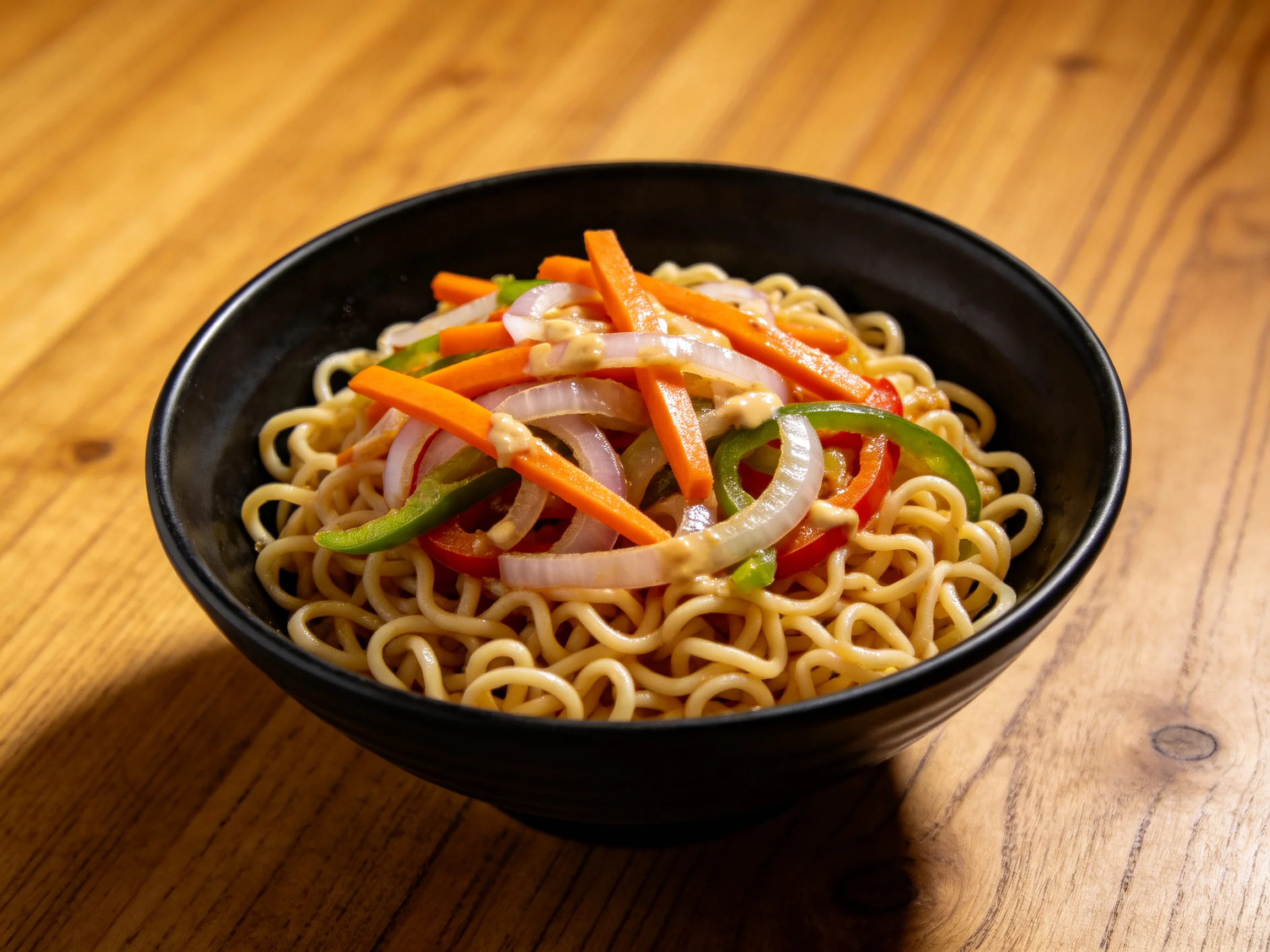 A black bowl of noodles topped with carrot, onion, and bell pepper strips