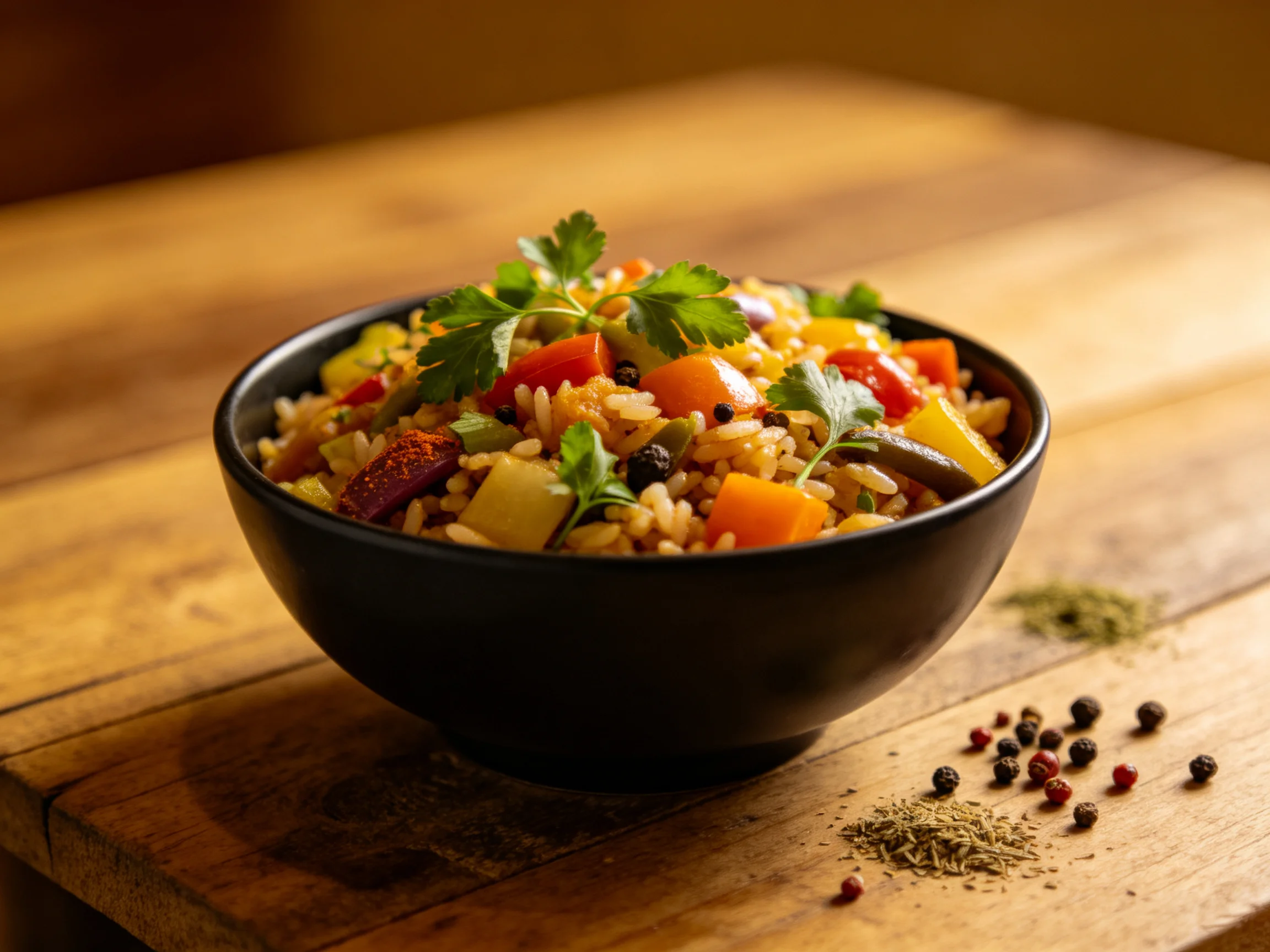 A black bowl of vegetable rice with colorful ingredients and spices