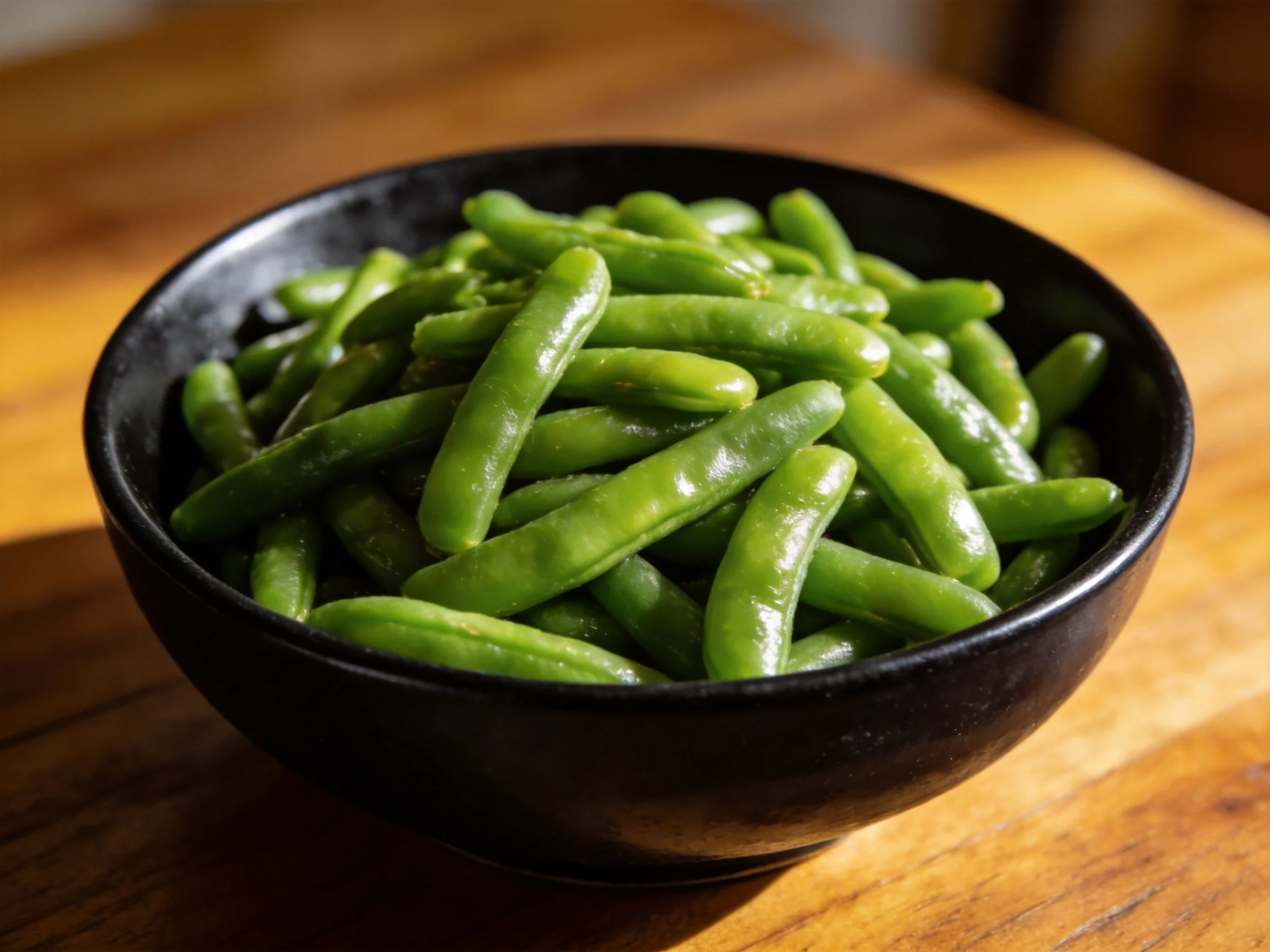 A black bowl overflowing with vibrant green sugar snap peas on a wooden surface.