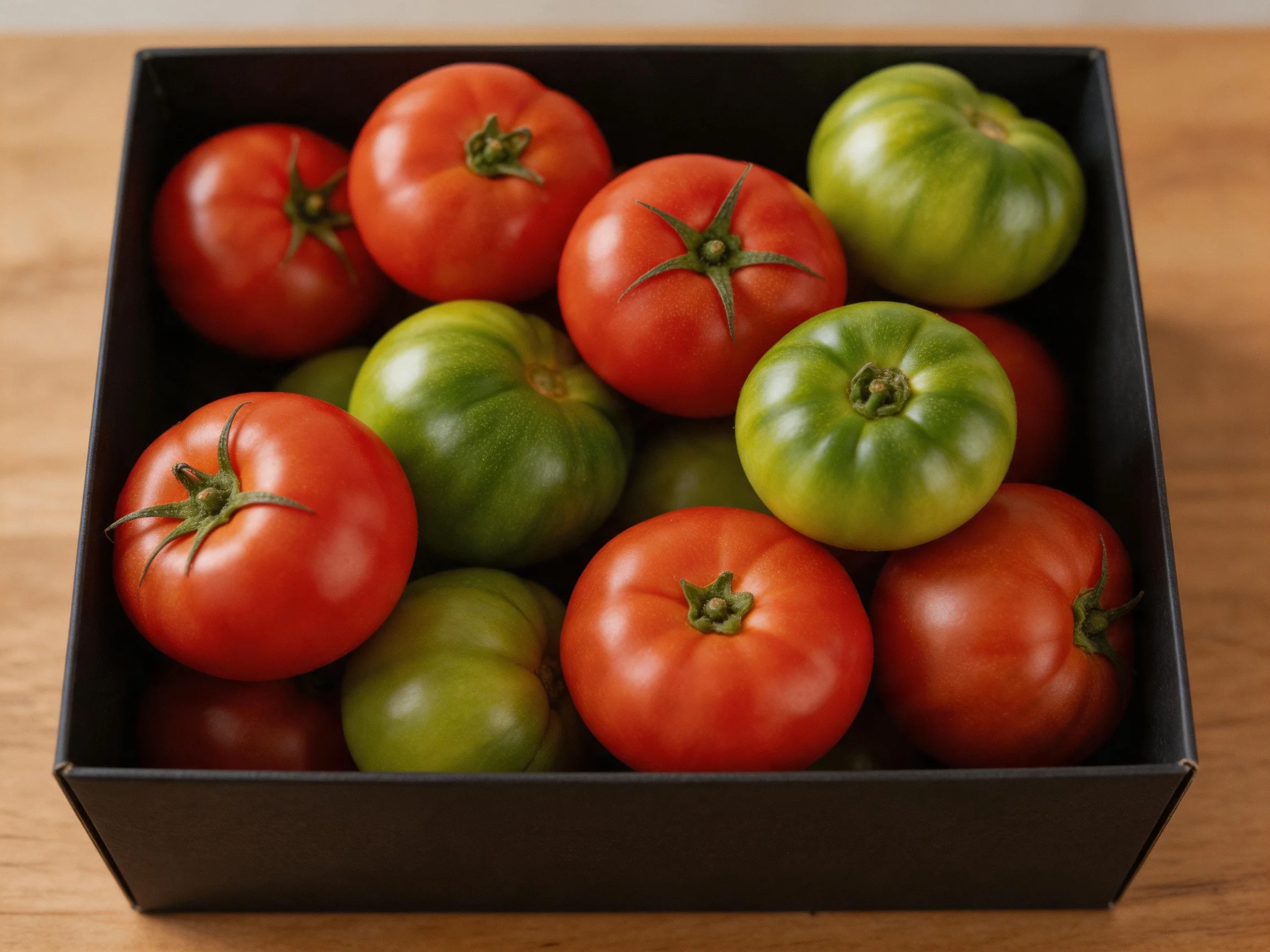 A black box holding red and green tomatoes in assorted stages
