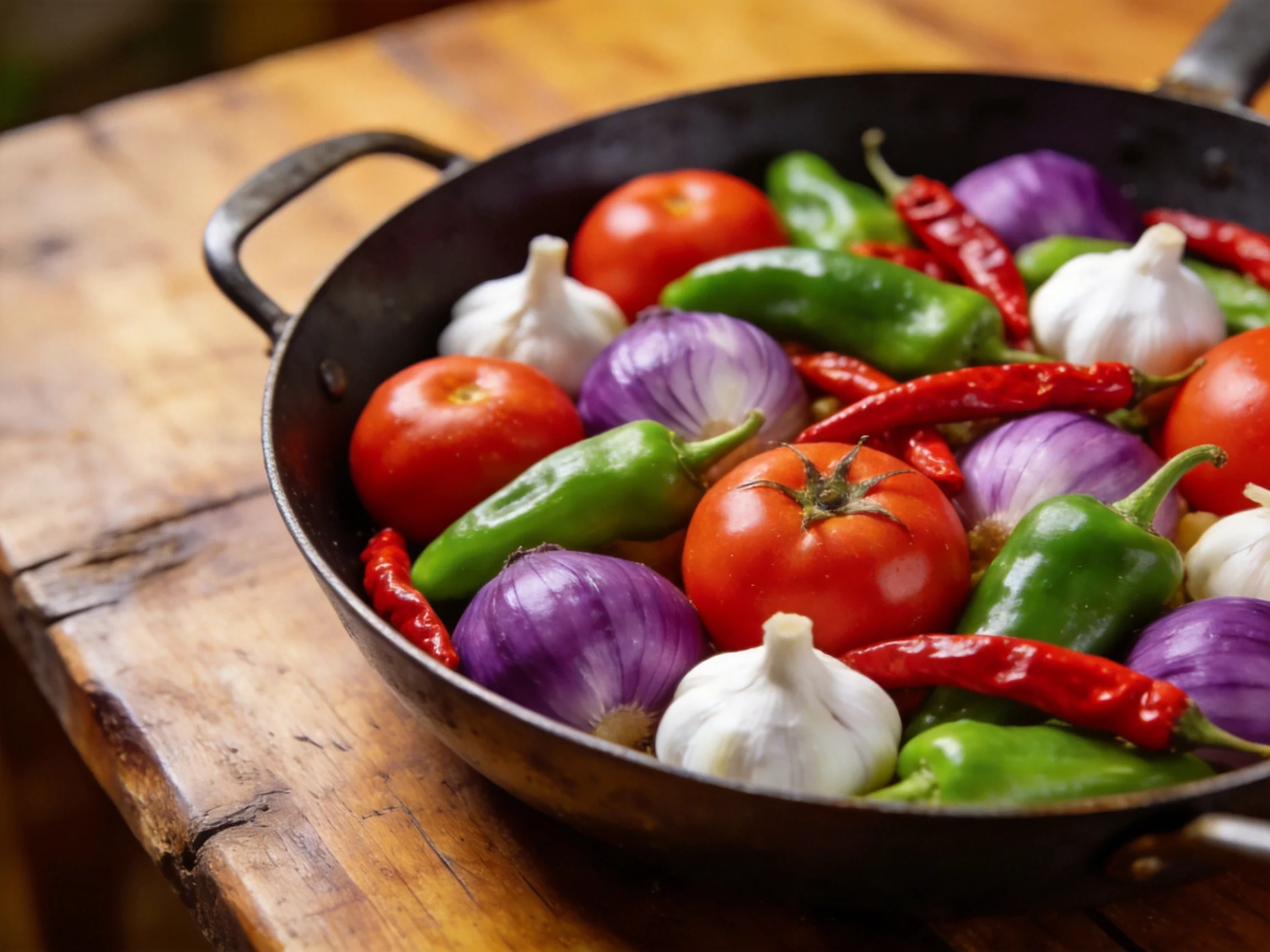 A black cast iron pan holds vibrant tomatoes, purple onions, green peppers, and garlic