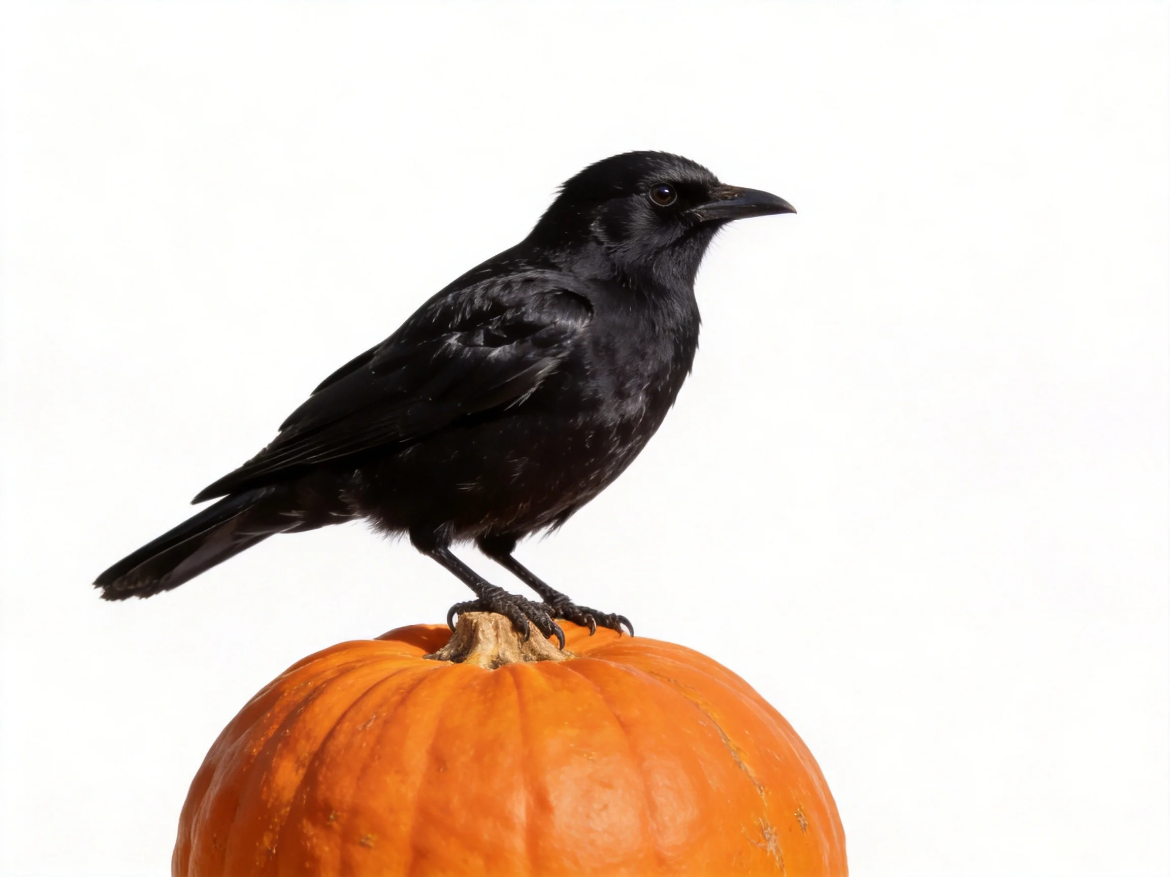 A black crow perched atop a vibrant orange pumpkin with a plain white backdrop