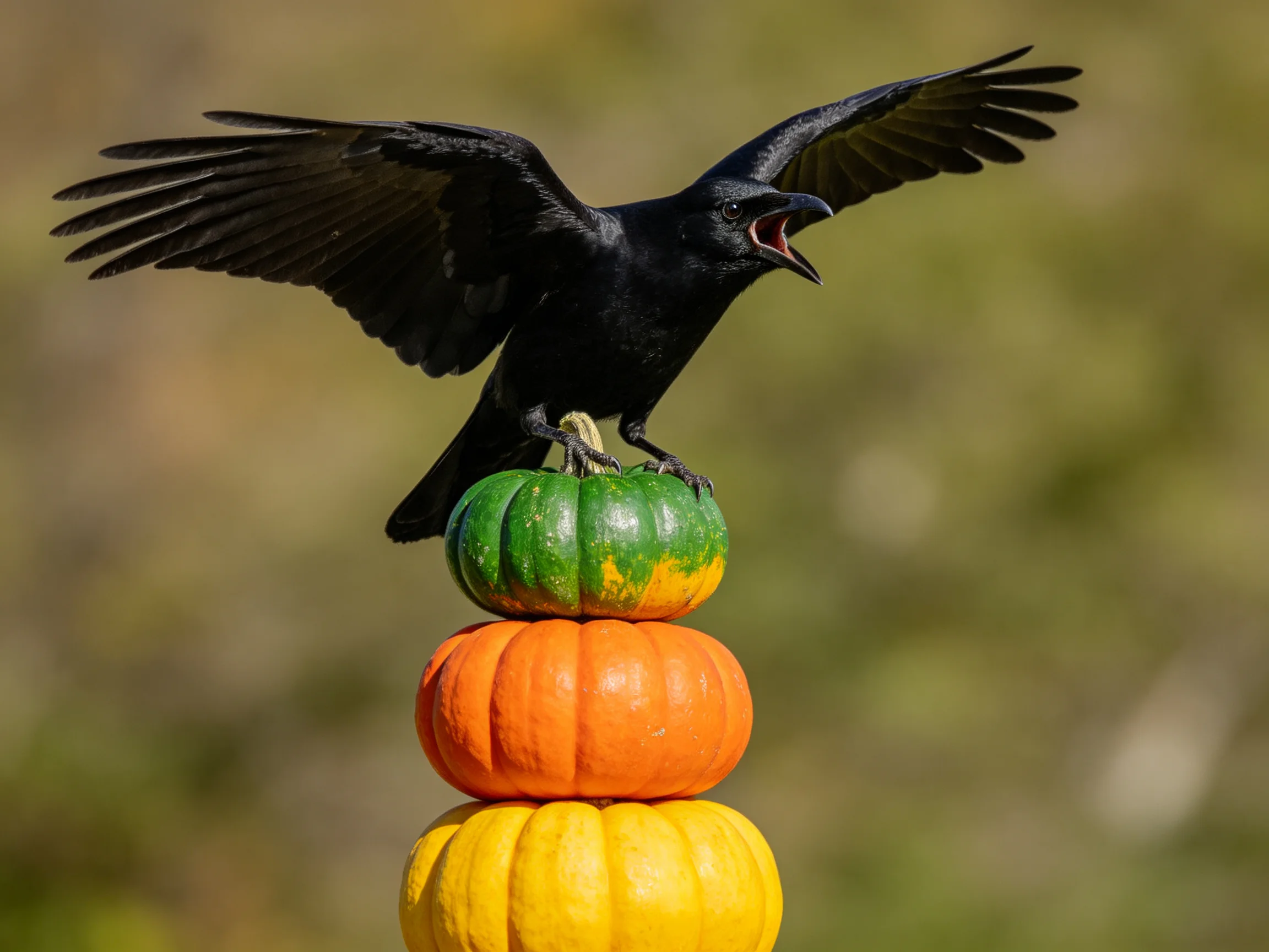 A black crow spreads wings atop stacked green, orange, and yellow pumpkins