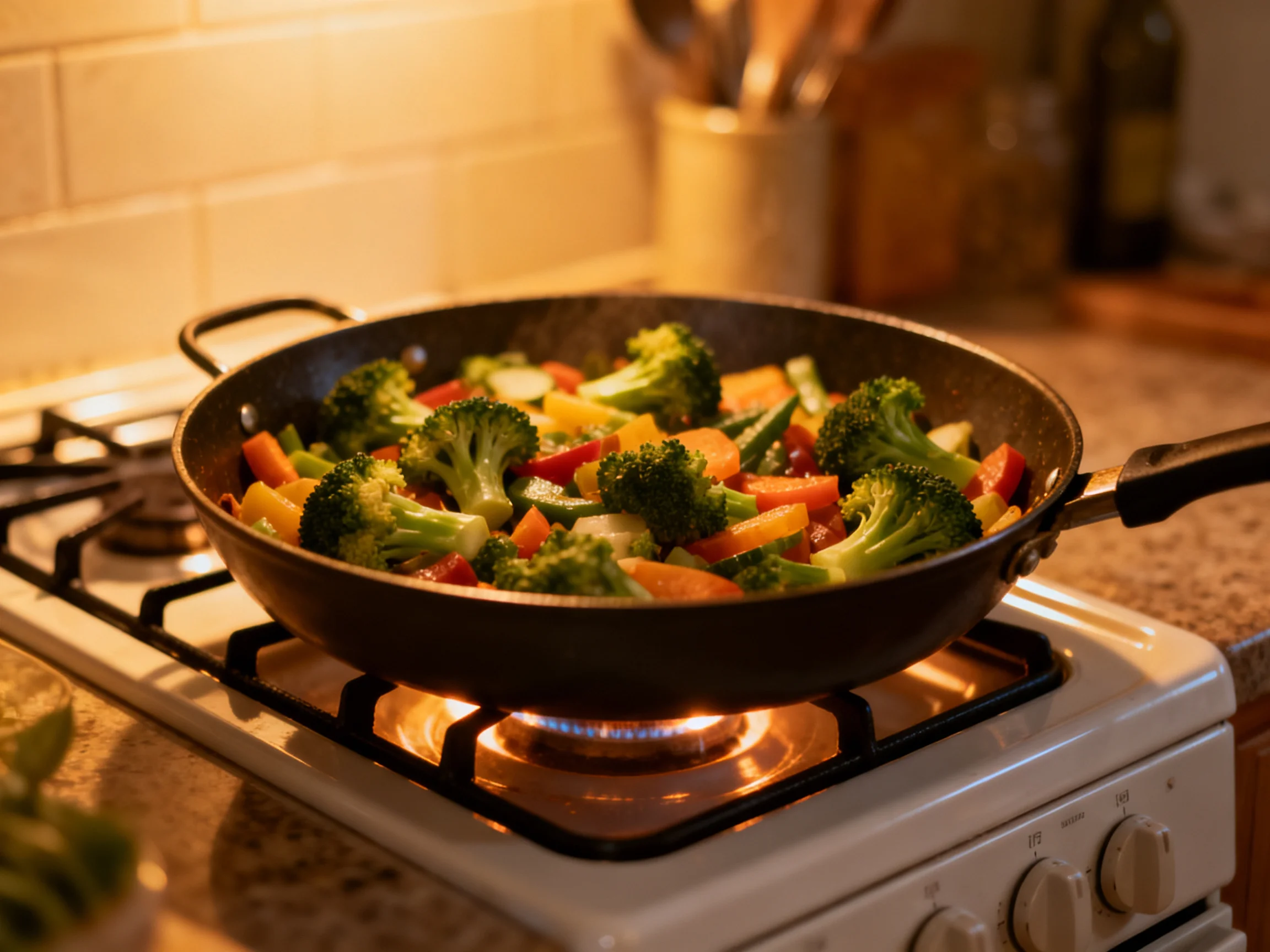 A black frying pan with colorful vegetables sizzles over a lit gas burner
