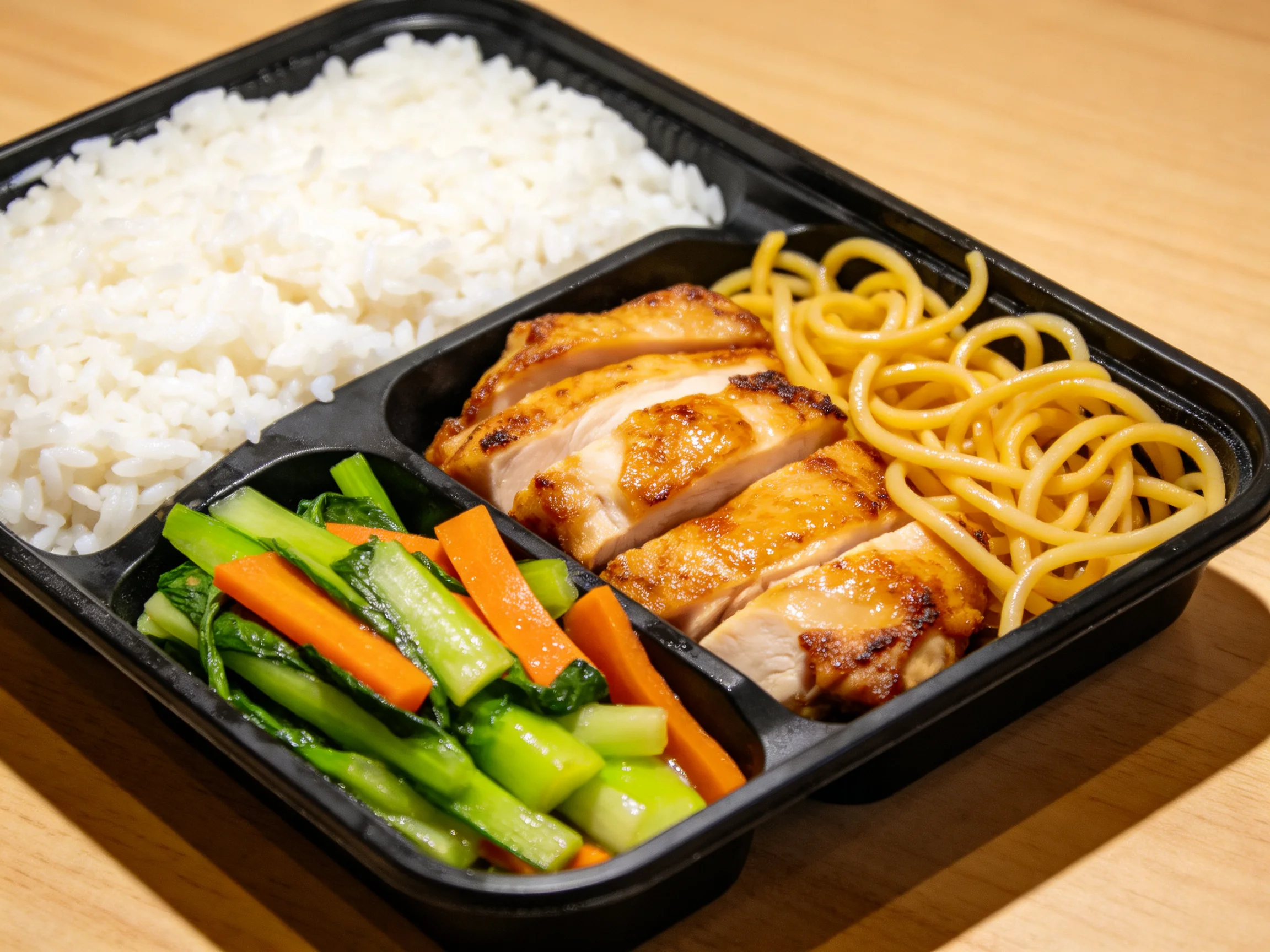 A black plastic bento box with white rice, grilledchicken slices, noodles, and mixed vegetables