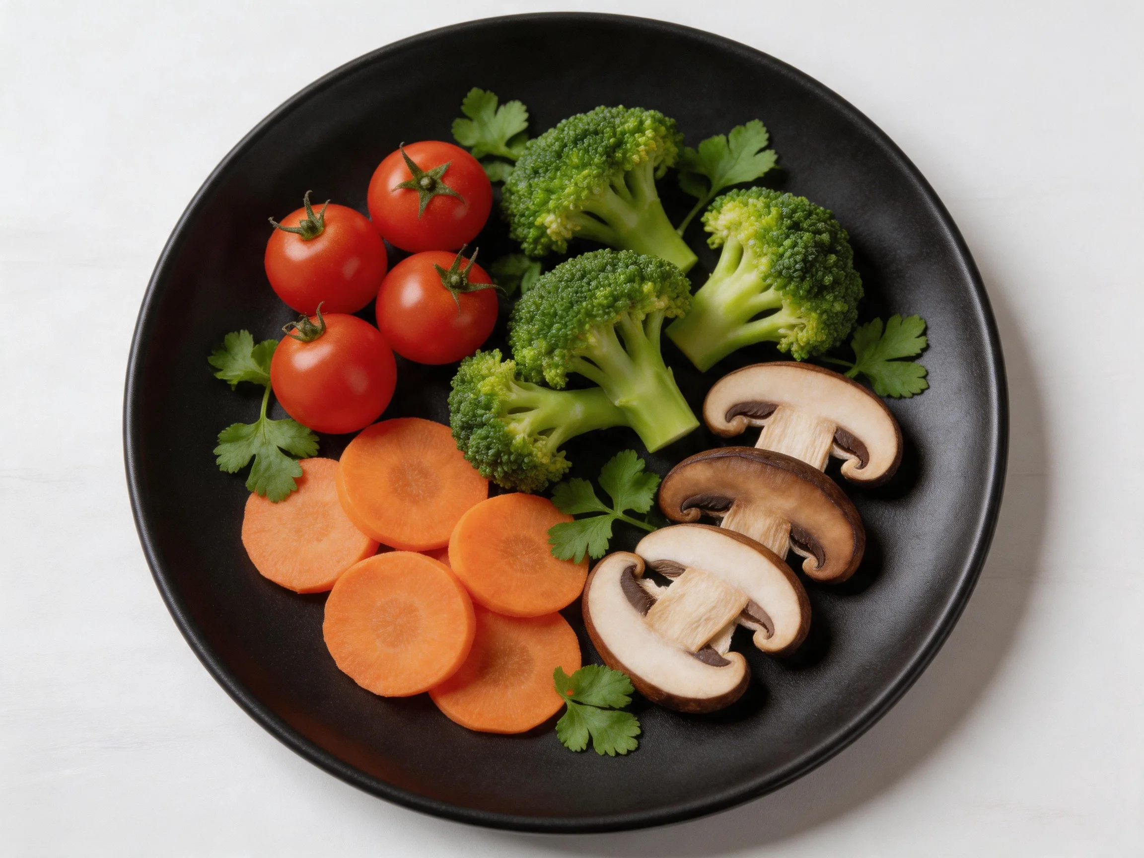 A black plate holds cherry tomatoes, broccoli, carrot slices, mushroom slices, and cilantro leaves.