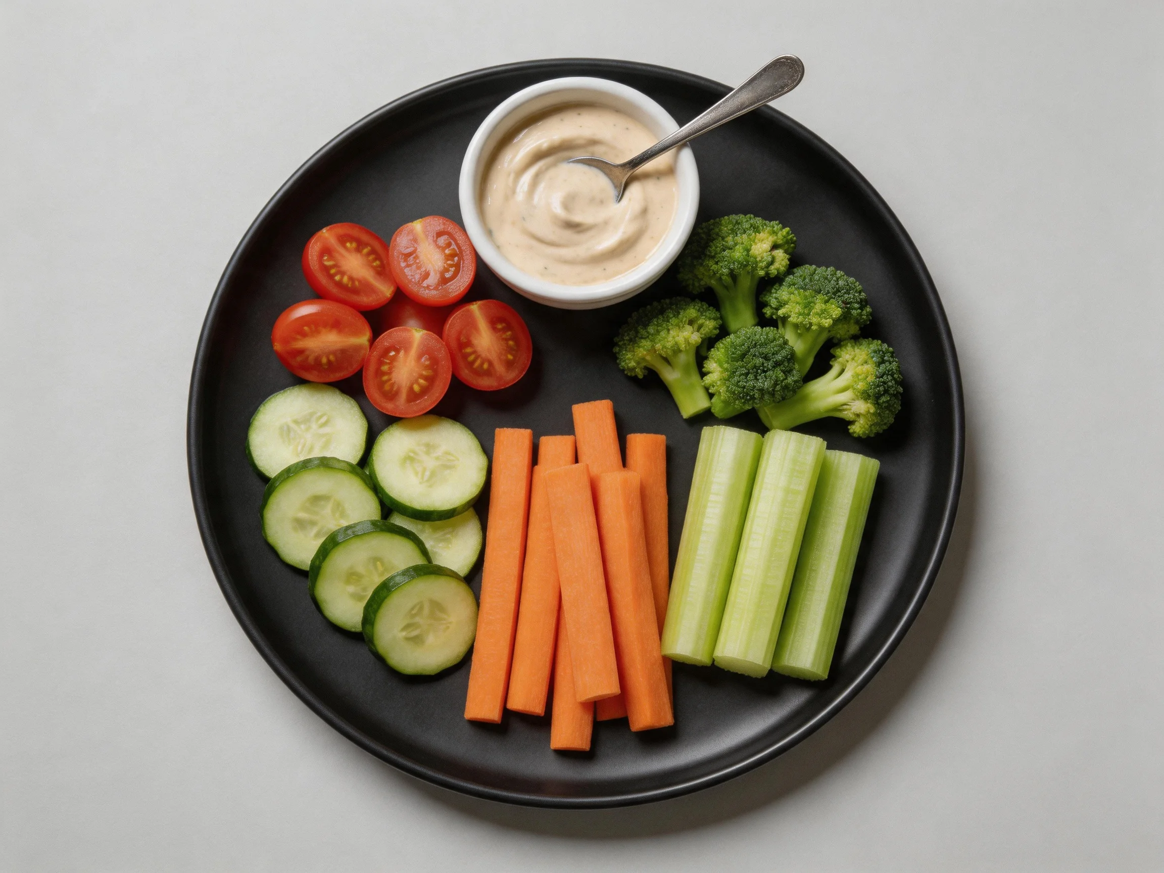 A black plate holds five types of fresh vegetables with a small dip bowl