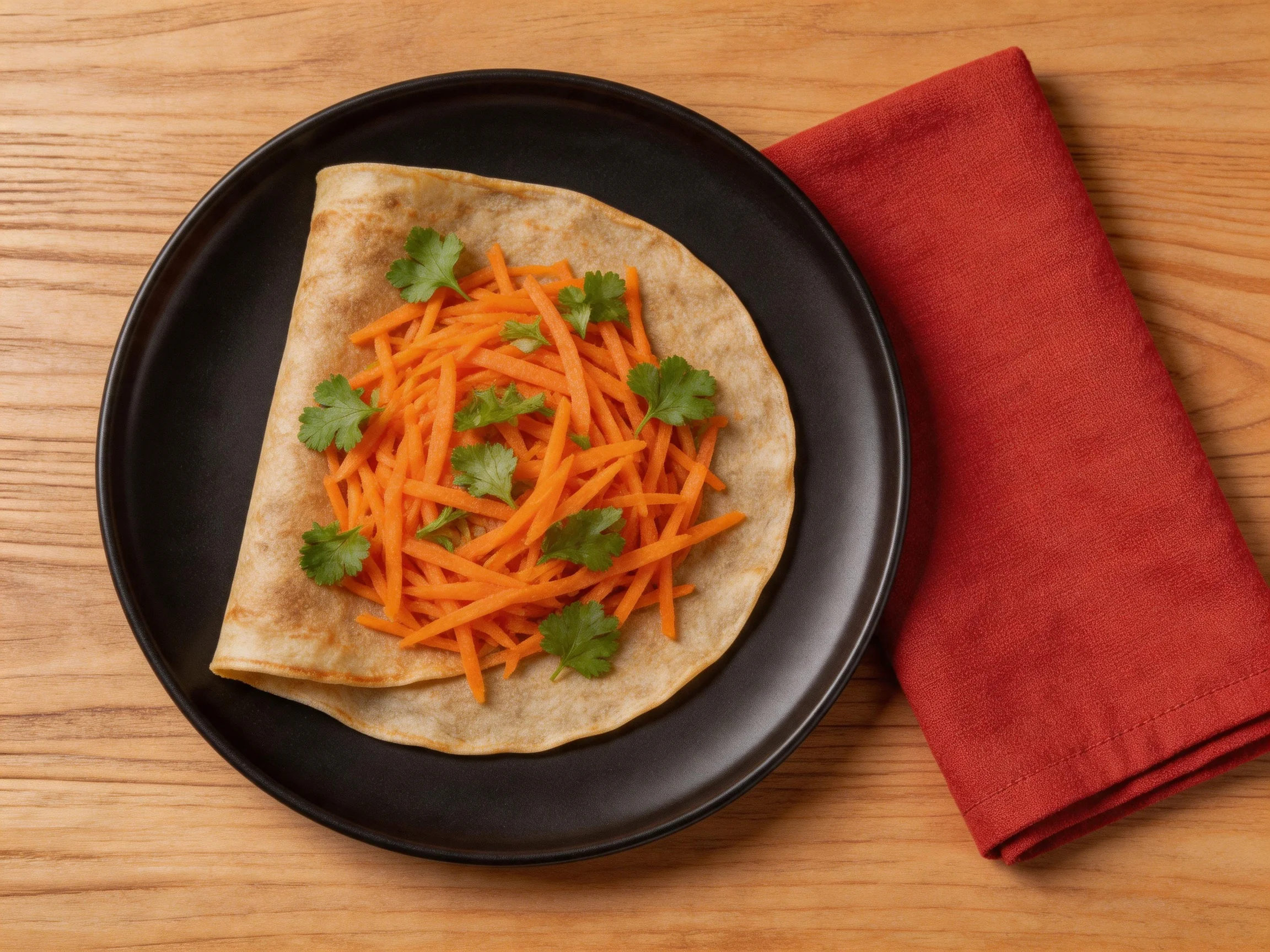 A black plate serves a flatbread with shredded carrots and cilantro next to a red napkin