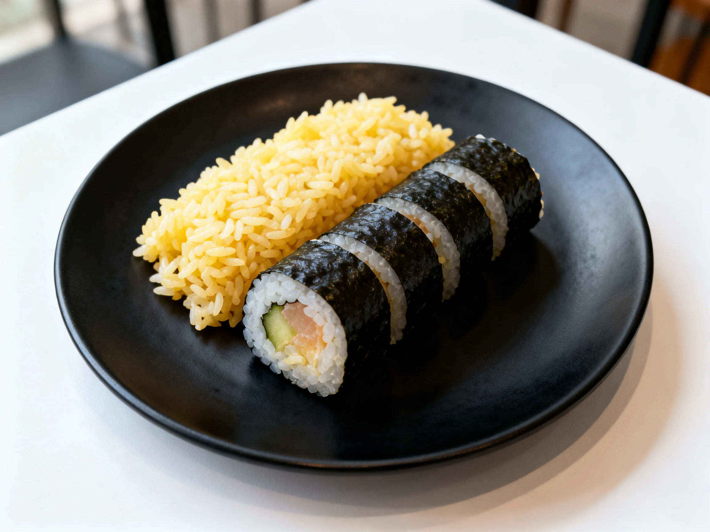 A black plate serves golden rice beside sliced seaweed-covered sushi