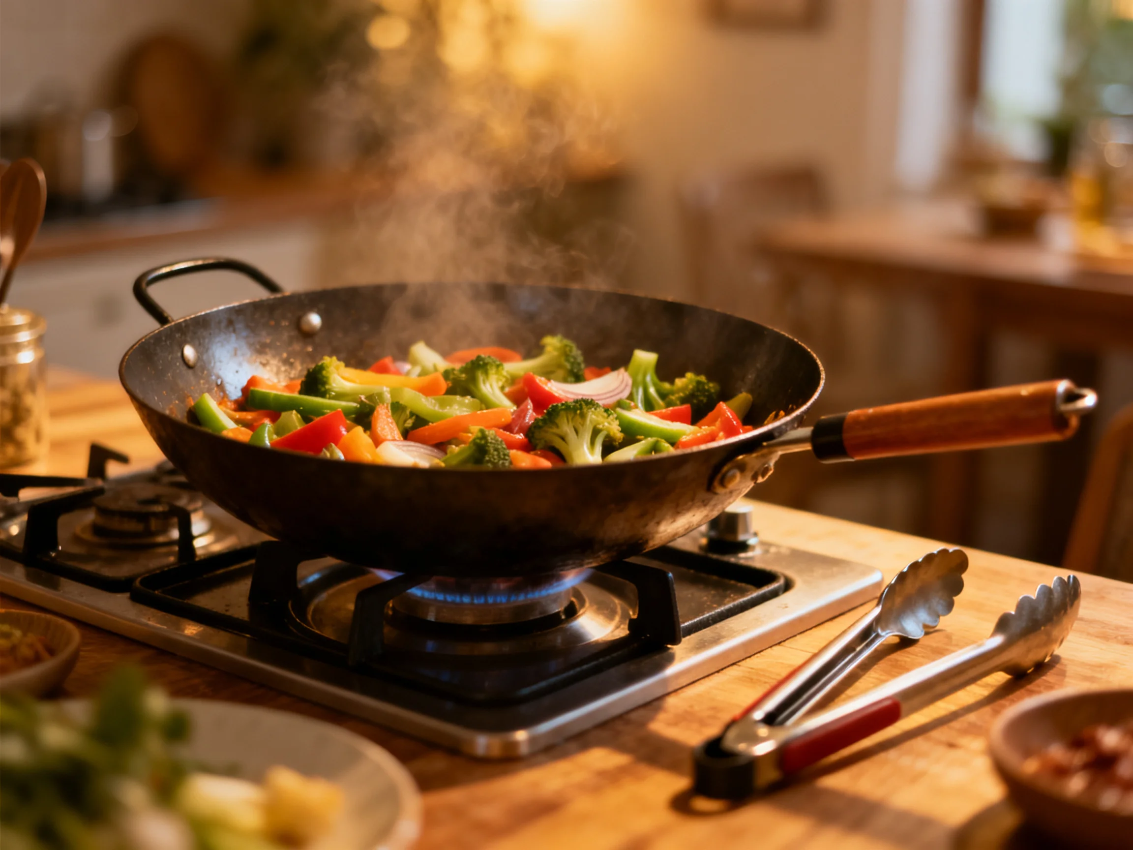 A black wok cooking vibrant mixed vegetables on a gas stove