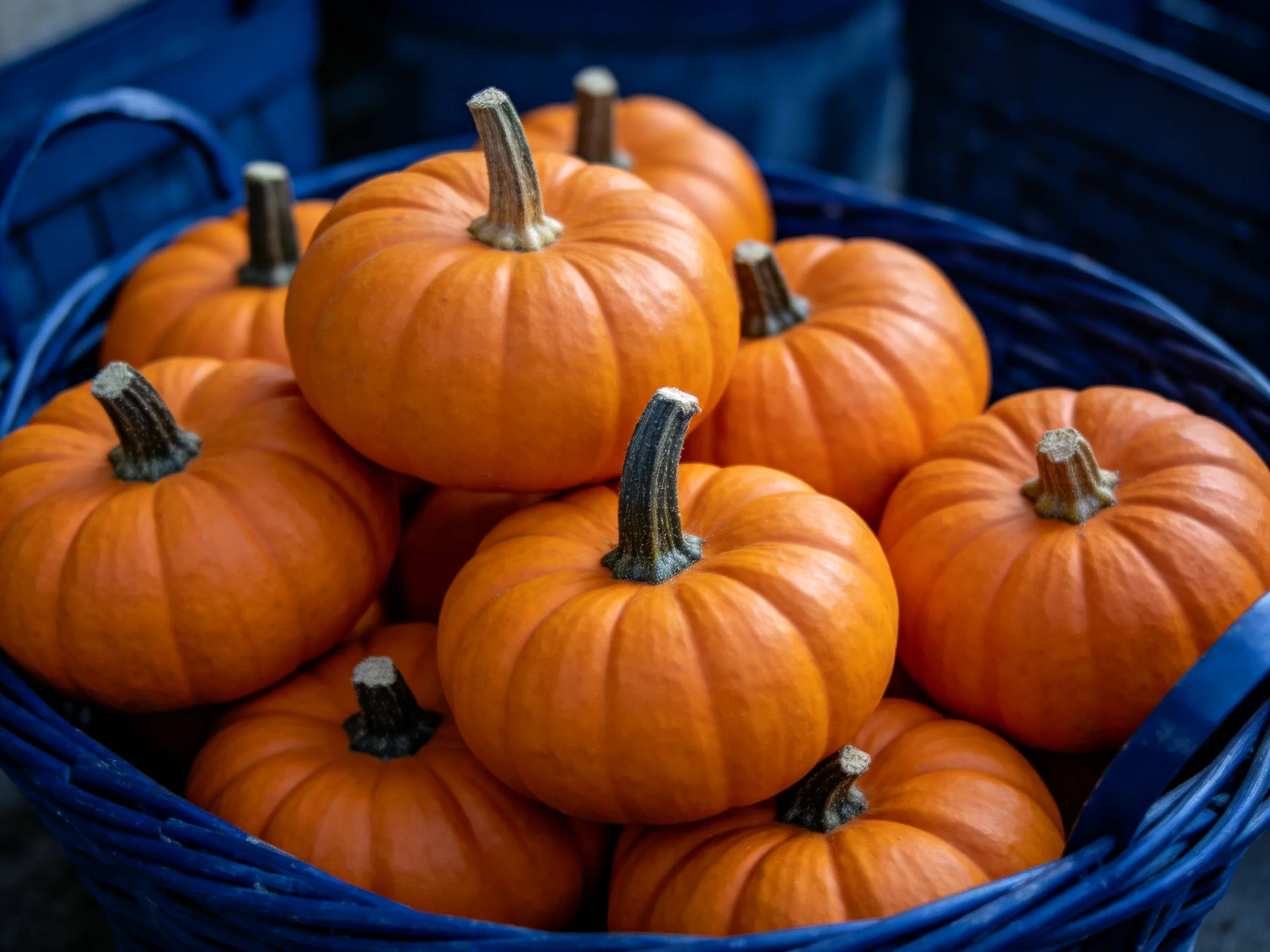 A blue basket filled with numerous bright orange small pumpkins