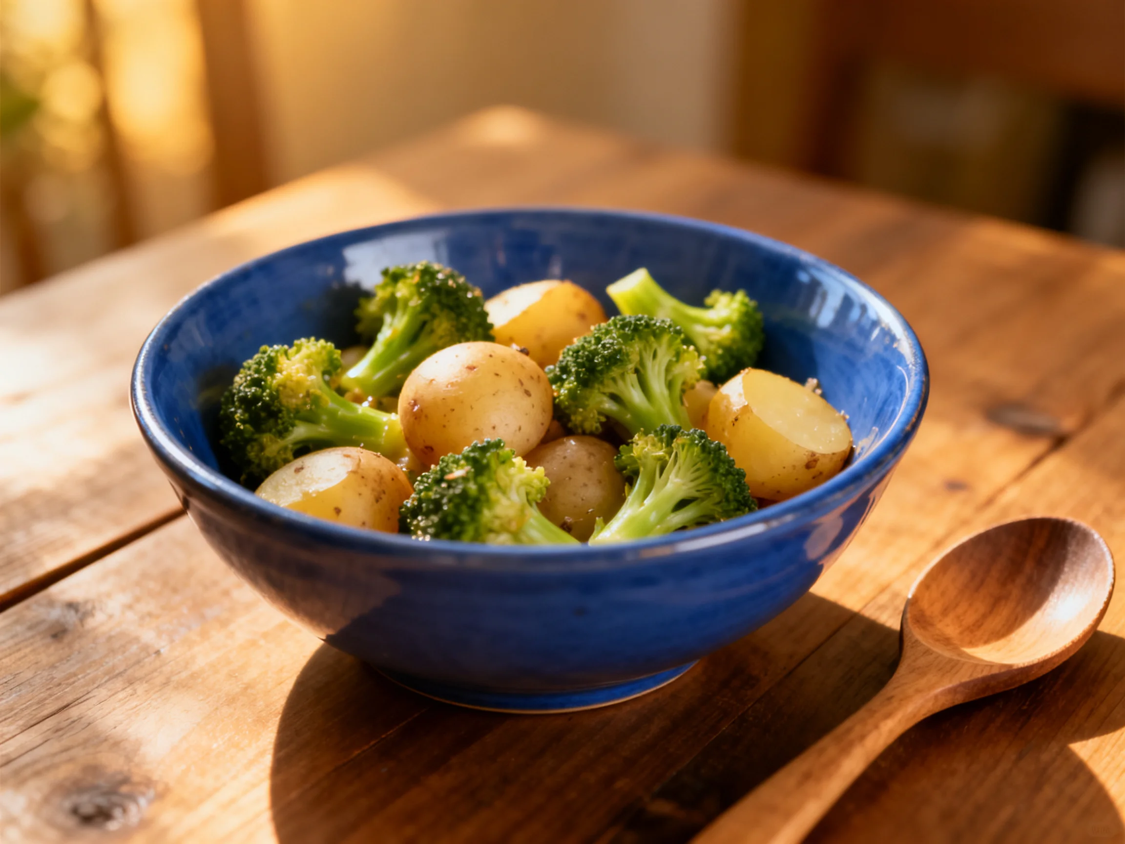A blue ceramic bowl holds roasted broccoli andbaby potatoes on a wooden table