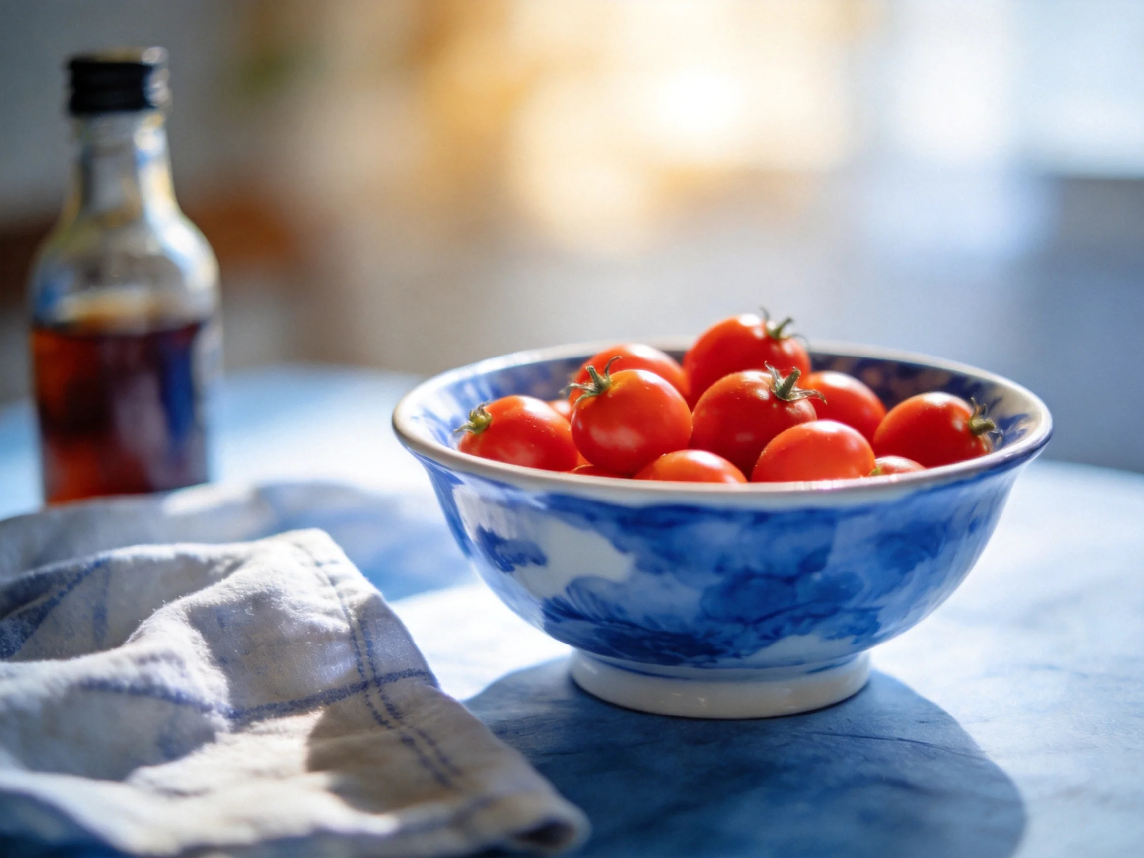 A blue ceramic bowl of cherry tomatoes beside a glass bottle on a blue table