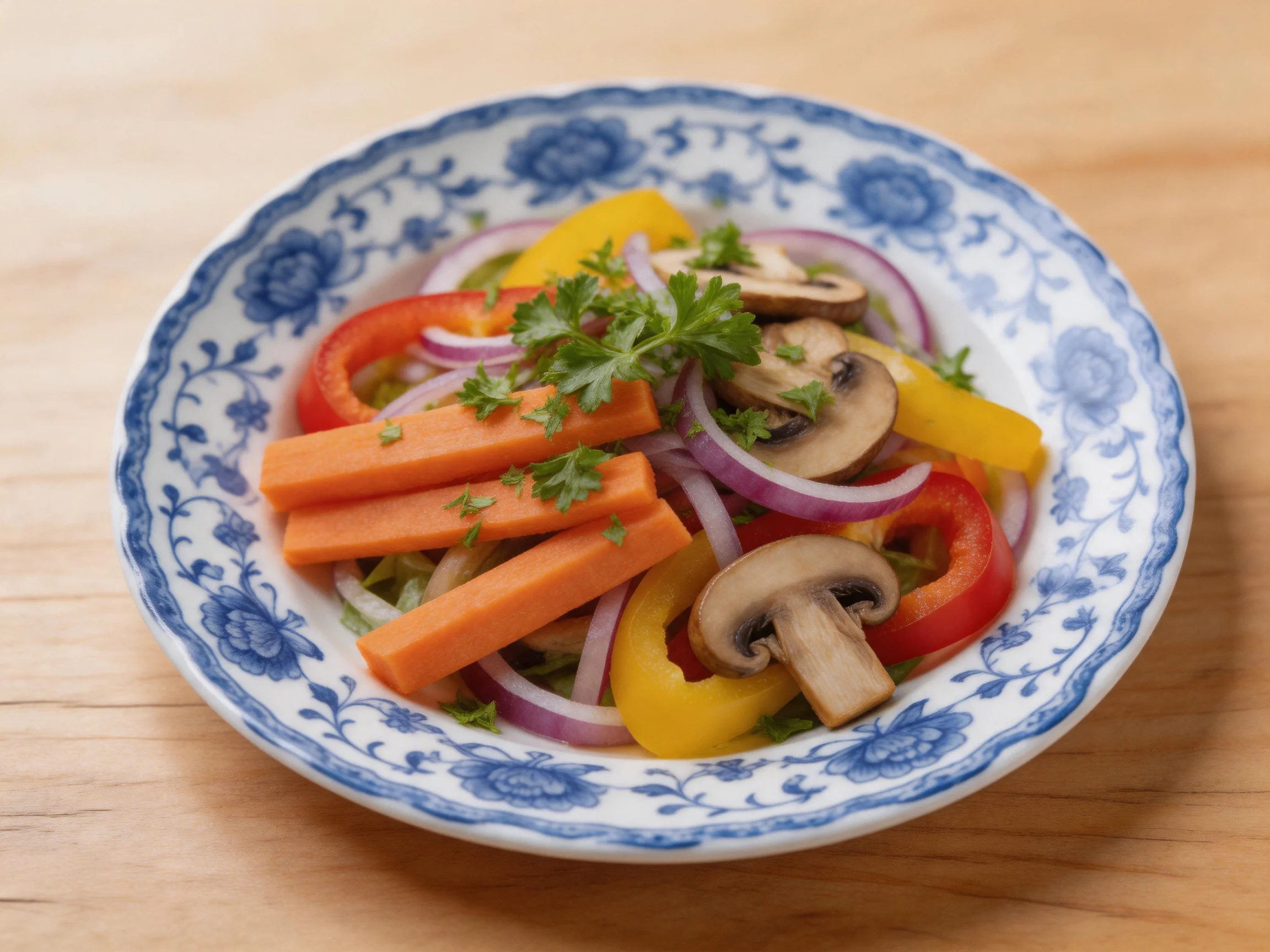 A blue floral bowl holds a colorful mix of carrot sticks, bell peppers, mushrooms, and onion slices.
