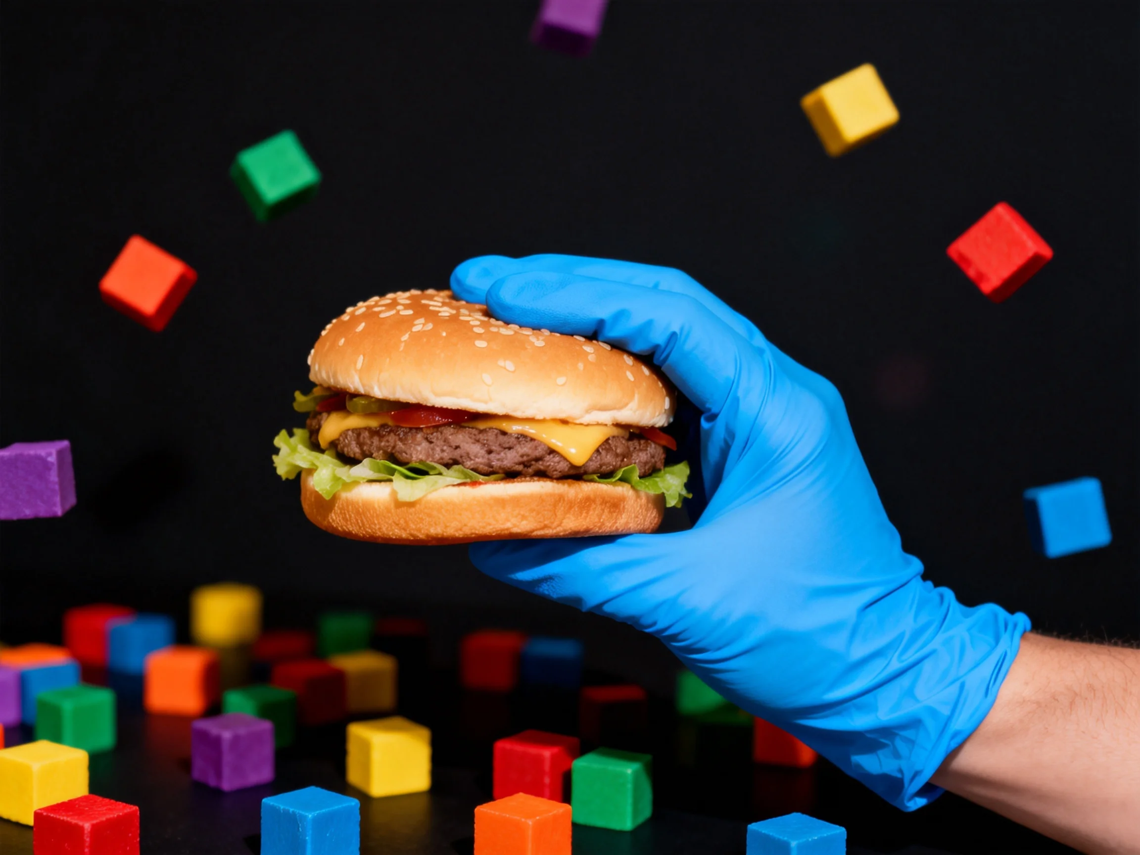 A blue-gloved hand holds a cheeseburger amid scattered rainbow-colored cubes