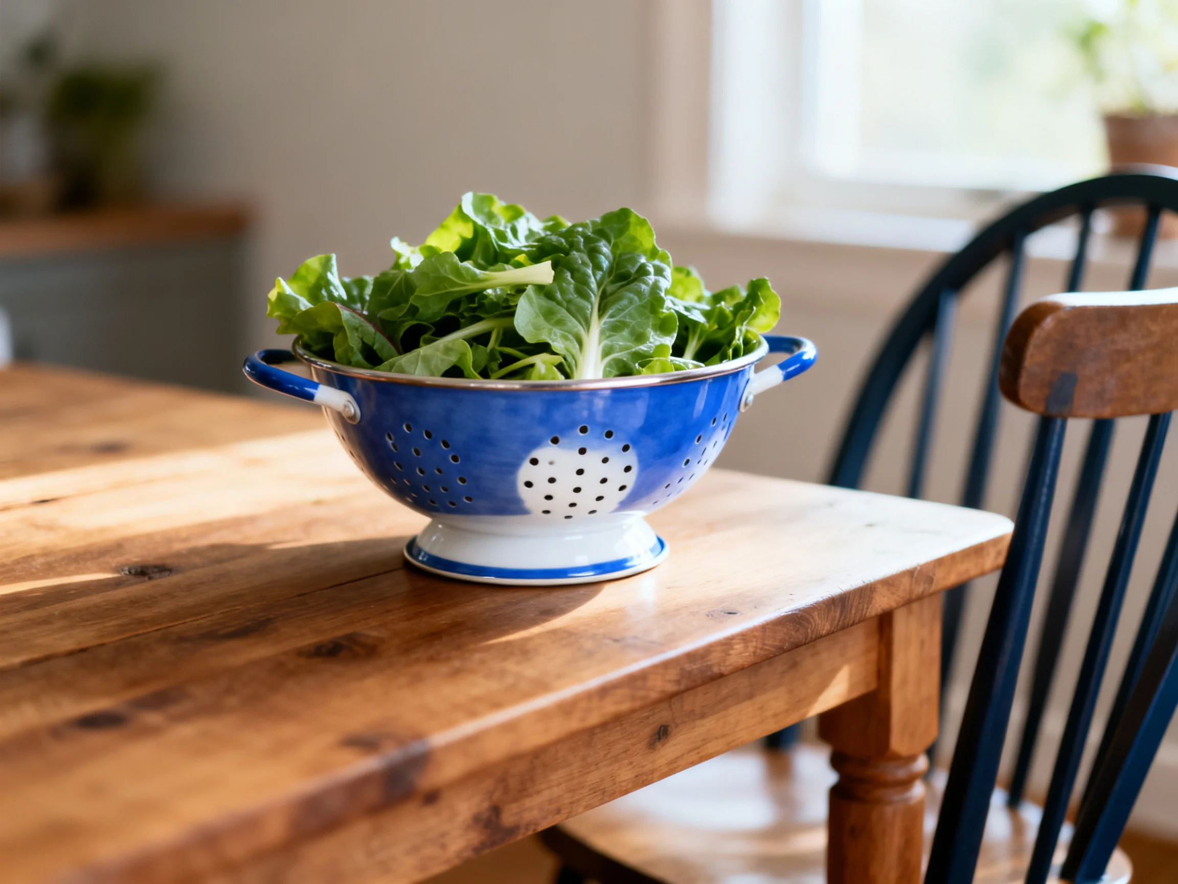 A blue perforated colander holds fresh leafy greens on a rustic wooden table