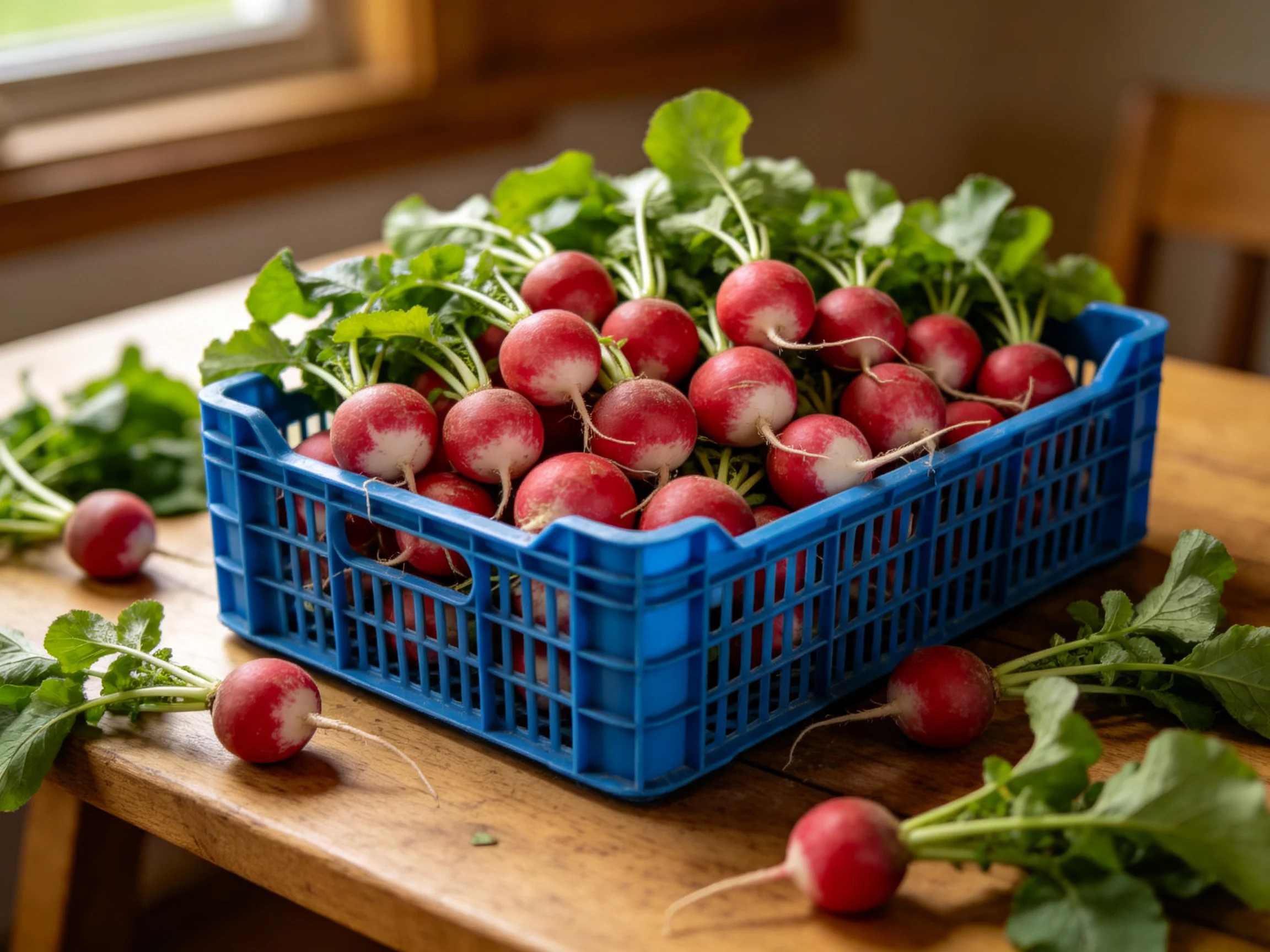 A blue plastic crate filled with fresh red radishes on a wooden table