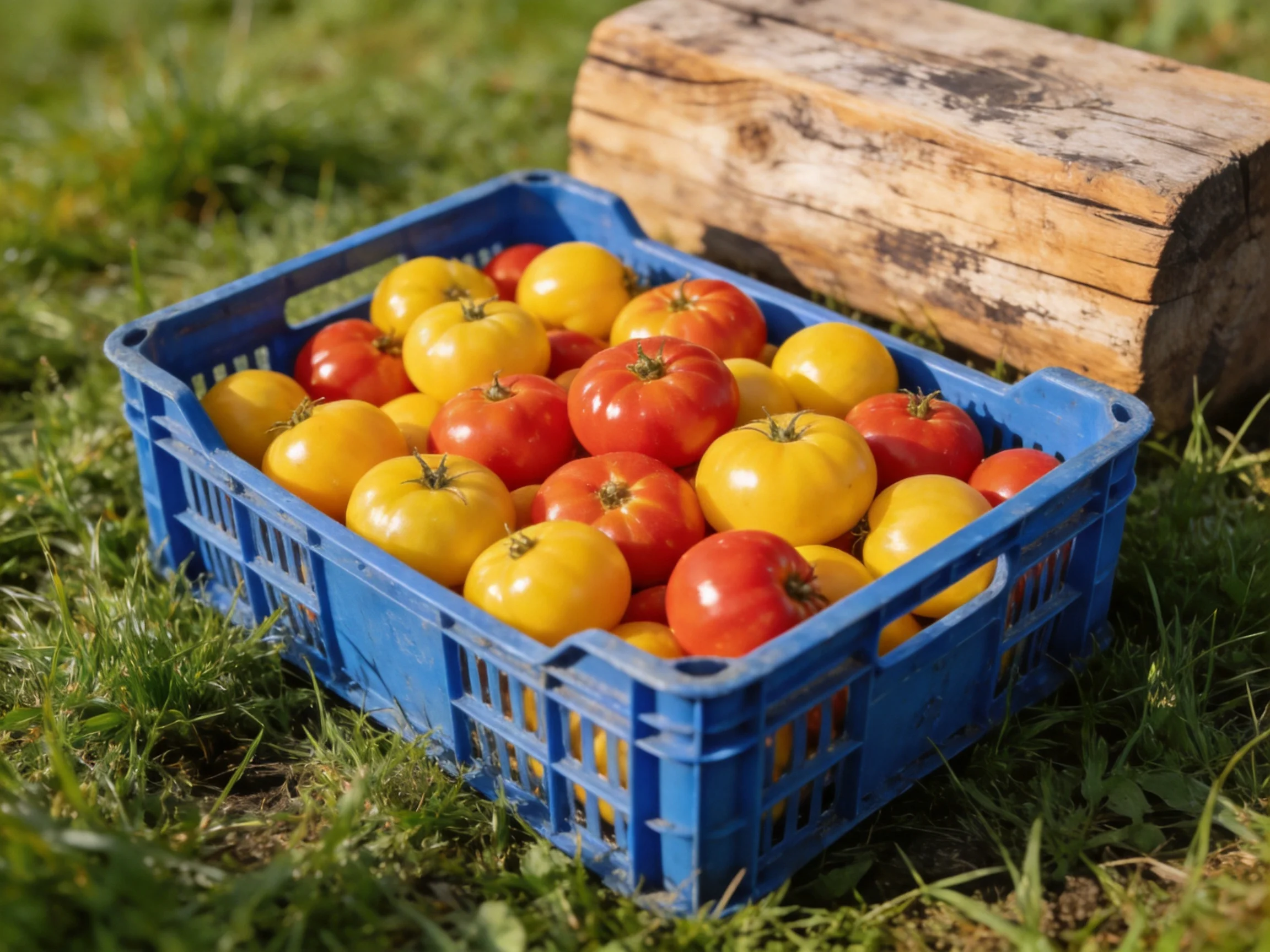 A blue plastic crate holds red and yellow tomatoes near a wooden log