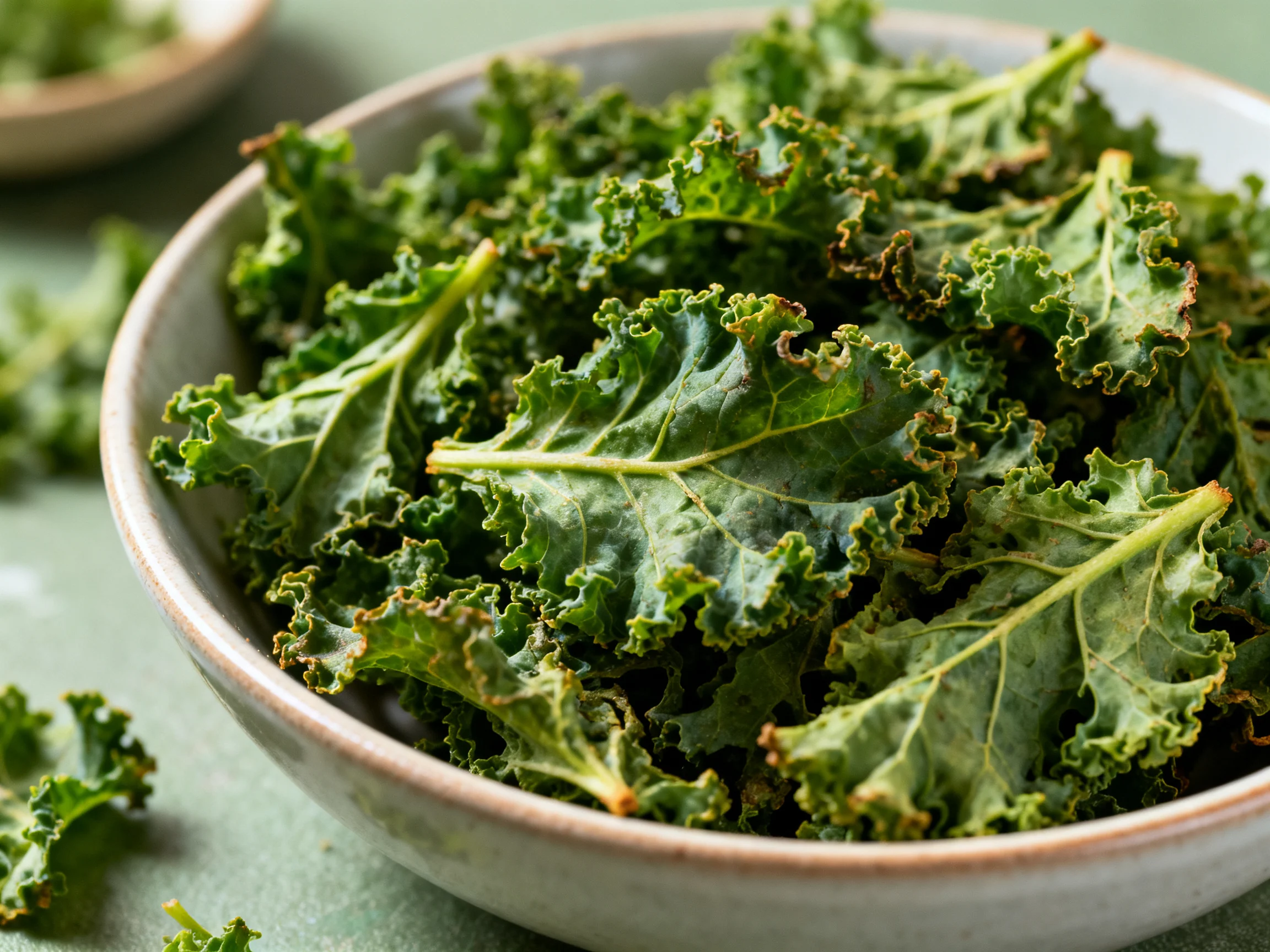 A bowl brimming with crispy green kale chips on a soft green surface