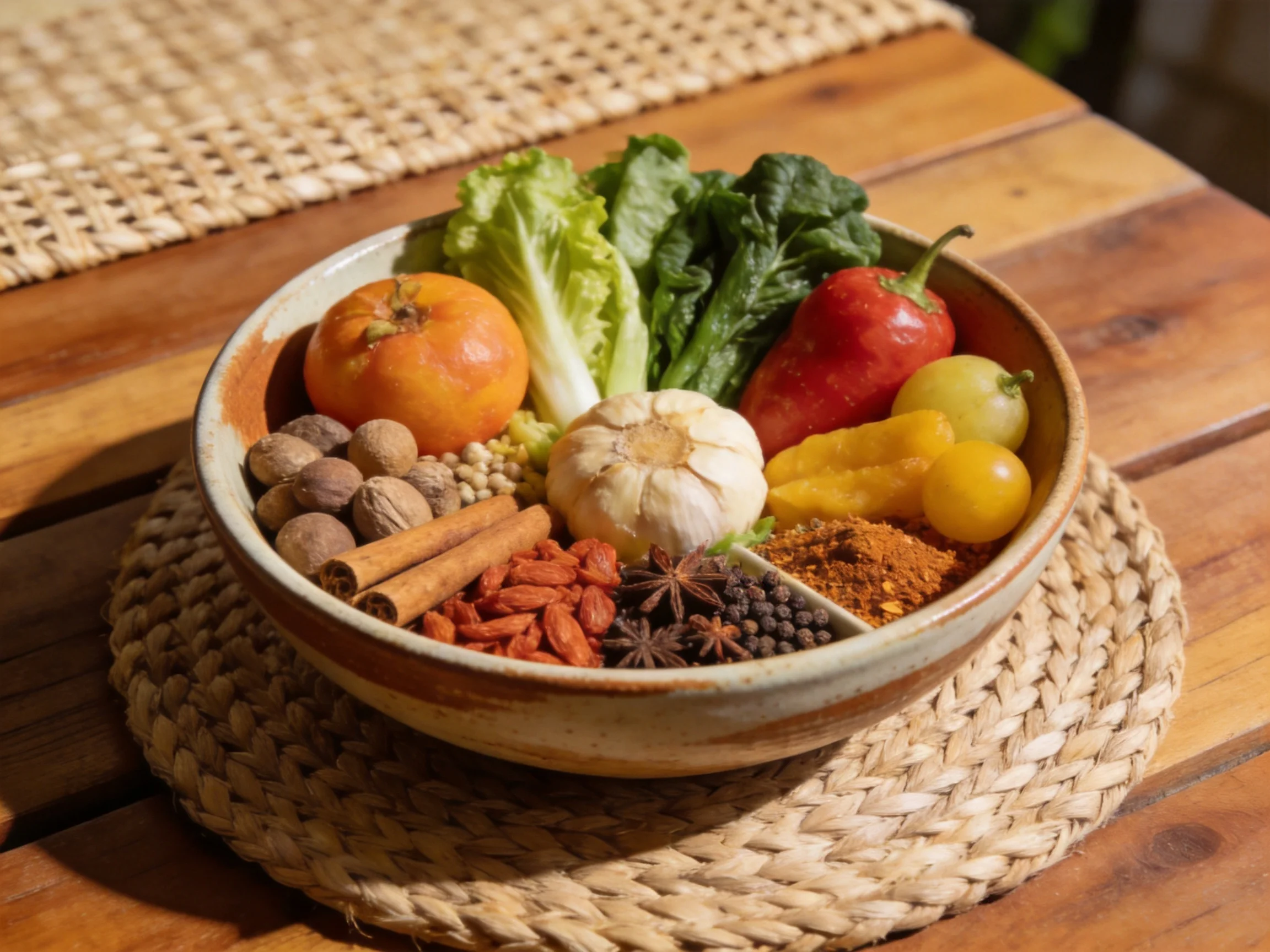 A bowl containing diverse fresh vegetables, fruits, and spices on a woven placemat