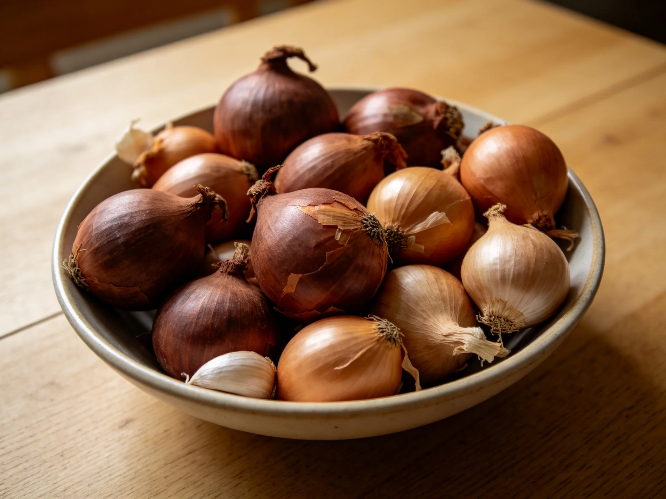 A bowl filled with assorted brown, tan,and white onions and a single garlic clove