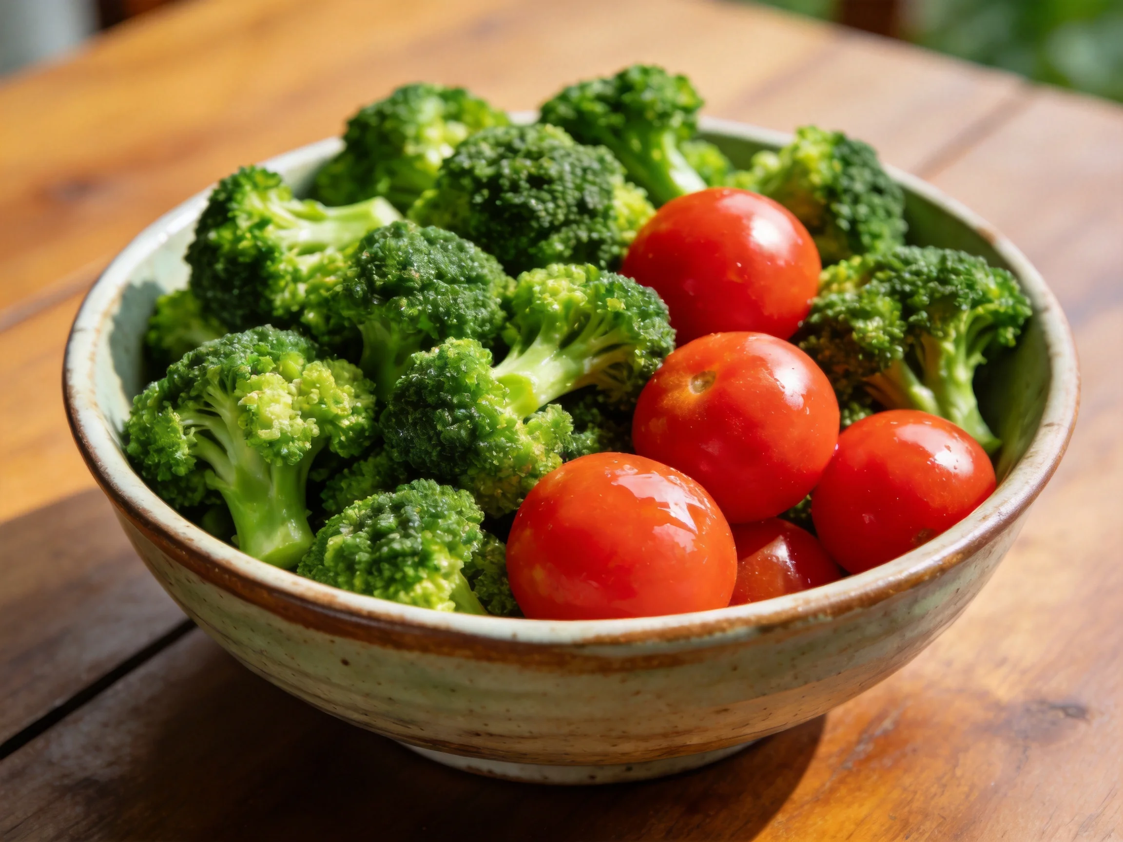 A bowl filled with fresh green broccoli and bright red cherry tomatoes