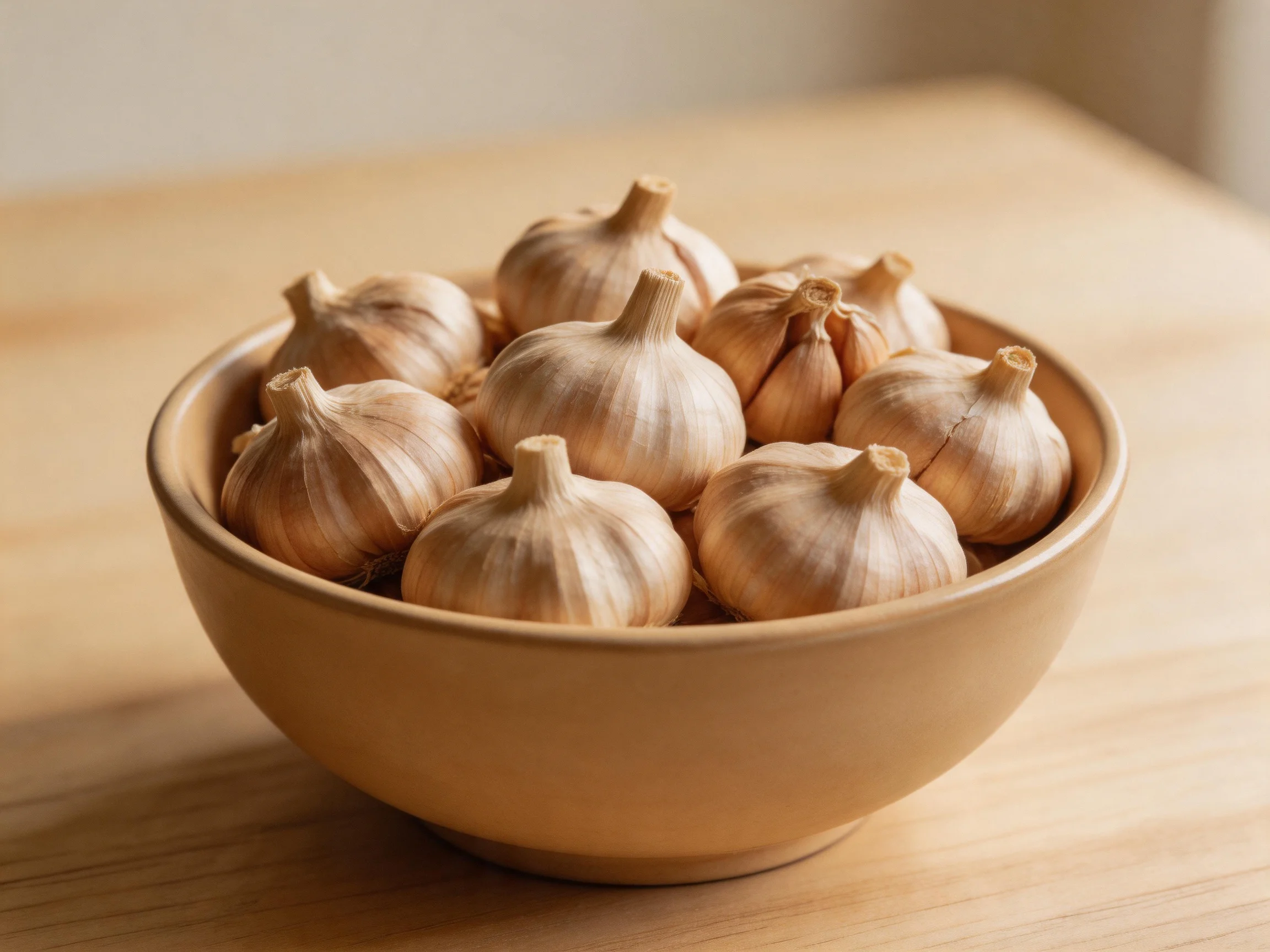 A bowl filled with garlic bulbs rests on a wooden surface