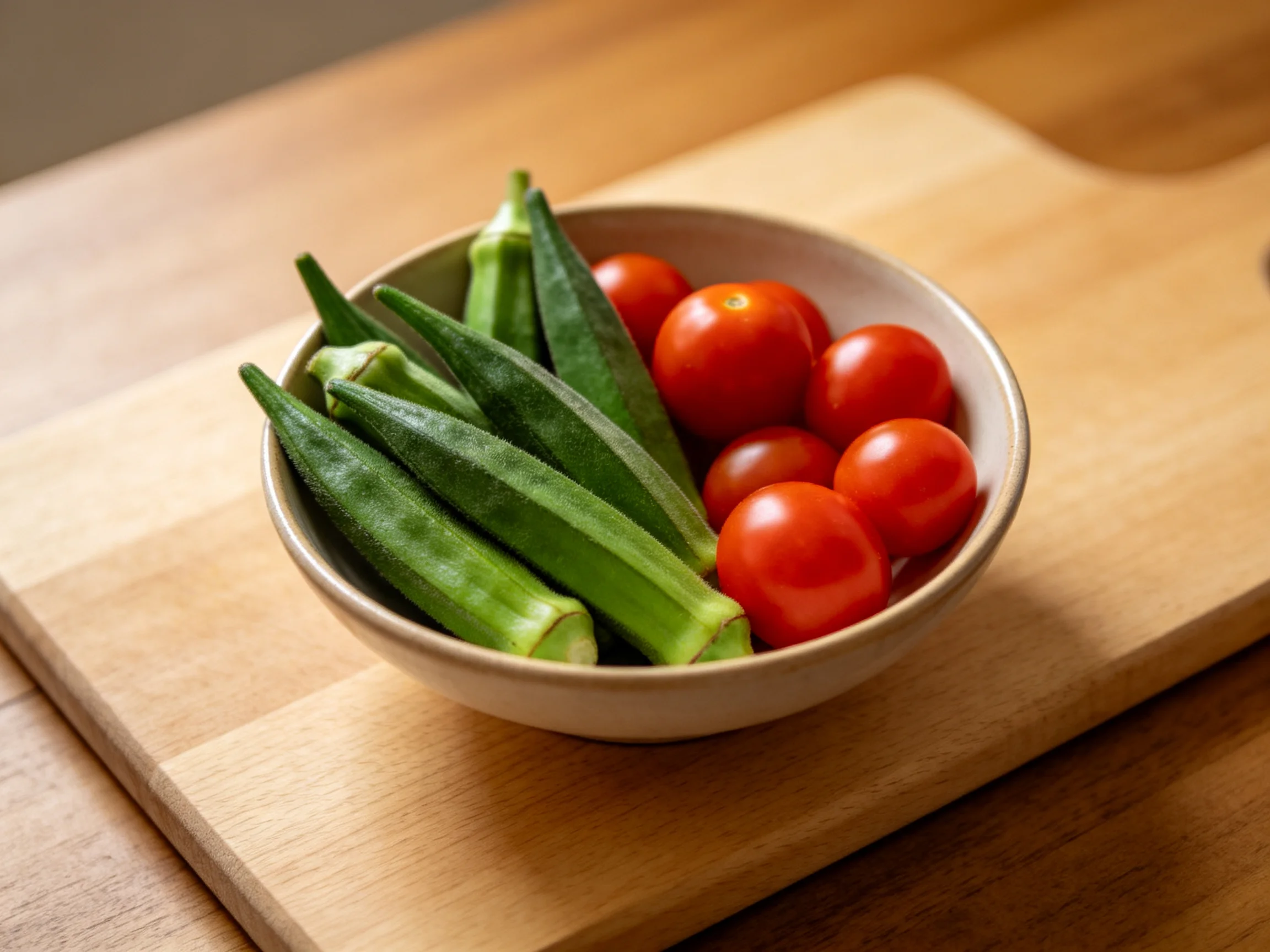 A bowl filled with green okra and red cherry tomatoes on a wooden cutting board