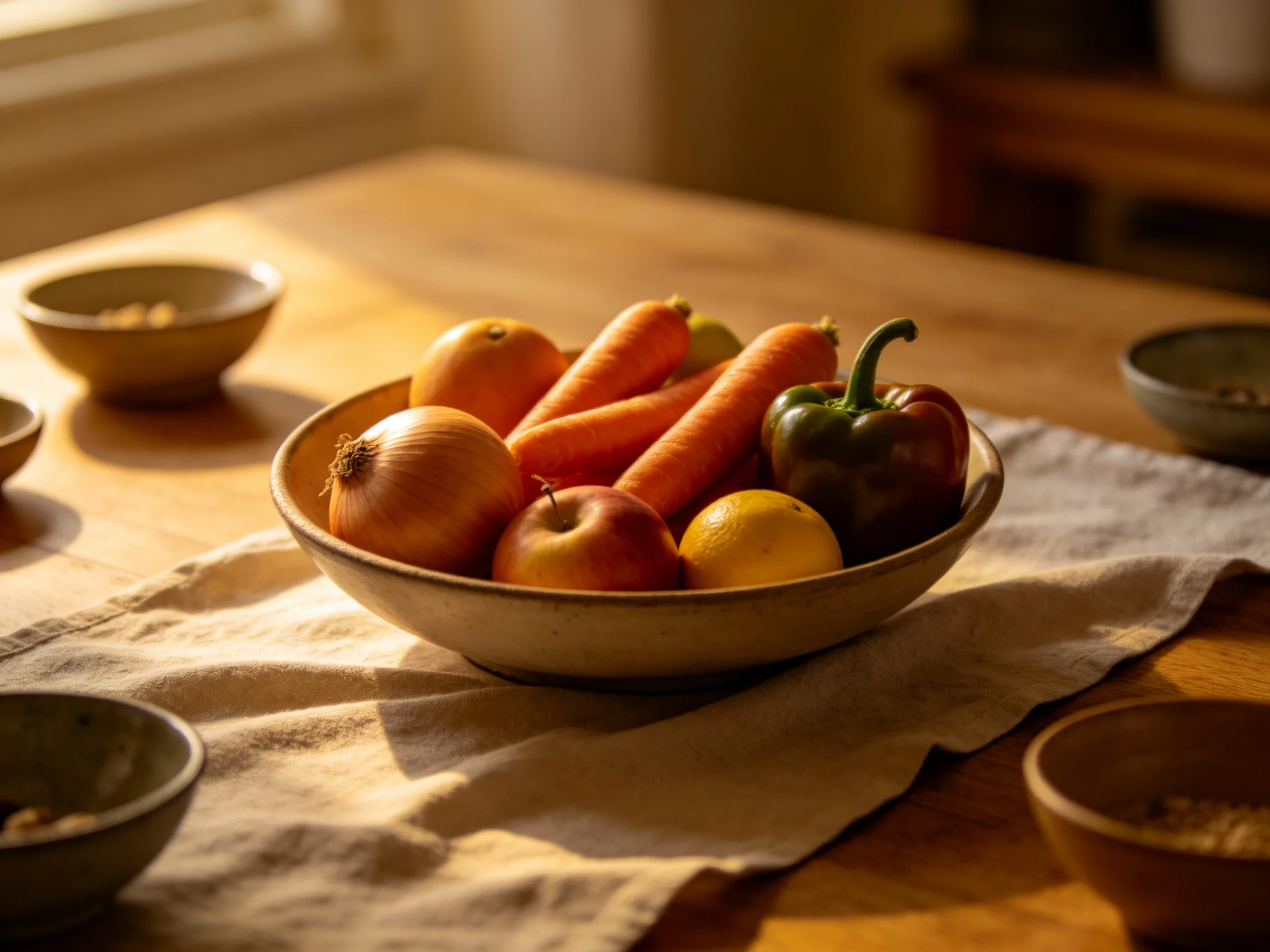 A bowl holding six varieties of produce rests on a wooden table with four surrounding bowls